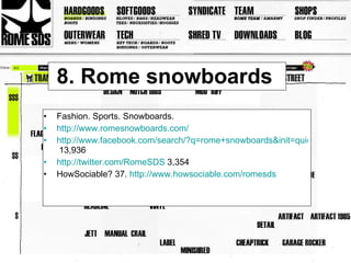 8. Rome snowboards  Fashion. Sports. Snowboards. http://www.romesnowboards.com/   http://www.facebook.com/search/?q=rome+snowboards&init=quick#!/Romesnowboards?ref=search&sid=100000201433022.923117893..1  13,936 http://twitter.com/RomeSDS  3,354 HowSociable? 37.  http://www.howsociable.com/romesds   