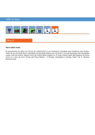 Tufão de água
Intro 0402 050301
Passo 6
06
Para saber mais
O escoamento da água em forma de redemoinho é um fenômeno estudado pela dinâmica dos fluidos.
Trata-se de um tema pouco estudado na educação básica por envolver o uso de equações não estudadas
nesse nível de ensino. Alguns livros de Física Geral usados no 3º grau trazem boas abordagens do tema
como é o caso do livro “Curso de Física Básica - 2 Fluidos, Oscilações e Ondas, Calor” de H. Moysés
Nussenzveig.
várias experiências, um só lugar
 