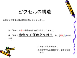 ピクセルの構造 余談ですが画像処理の研究を長くやっていると… 友 「あそこの 赤い 看板を右に曲がったとこにさぁ…」 僕 「あれ？ 赤色って何色だっけ？ …あ、 ( 255 , 0 , 0 ) のことか」 こんなことになります。 ここまでやると病気です。気をつけましょう。 