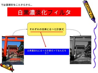 白 黒 濃 淡 化 フ ィ ル タ では基礎的なことからから… それぞれの効果に合った計算式 白黒濃淡化に合った計算式ってなんだろう？ 