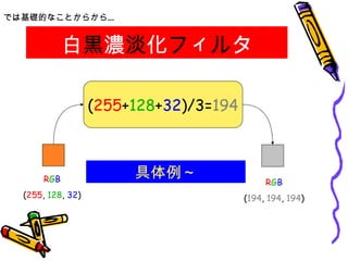 白 黒 濃 淡 化 フ ィ ル タ では基礎的なことからから… ( 255 + 128 + 32 )/3= 194 R G B ( 255 ,  128 ,  32 ) R G B ( 194 ,  194 ,  194 ) 具体例～ 