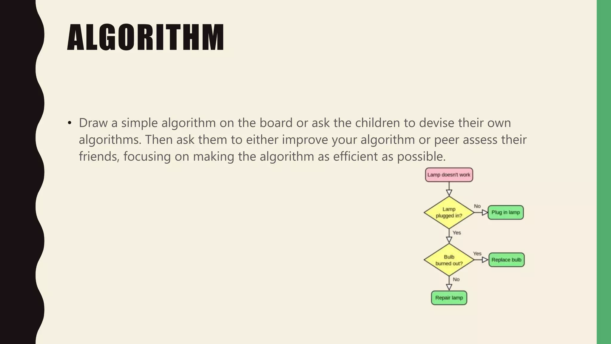 ALGORITHM
• Draw a simple algorithm on the board or ask the children to devise their own
algorithms. Then ask them to either improve your algorithm or peer assess their
friends, focusing on making the algorithm as efficient as possible.
 