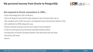 My	personal	Journey	from	Oracle	to	PostgreSQL
26.10.2017 Page 5What	happens	when	more	than	30	years	of	Oracle	experience	h...
