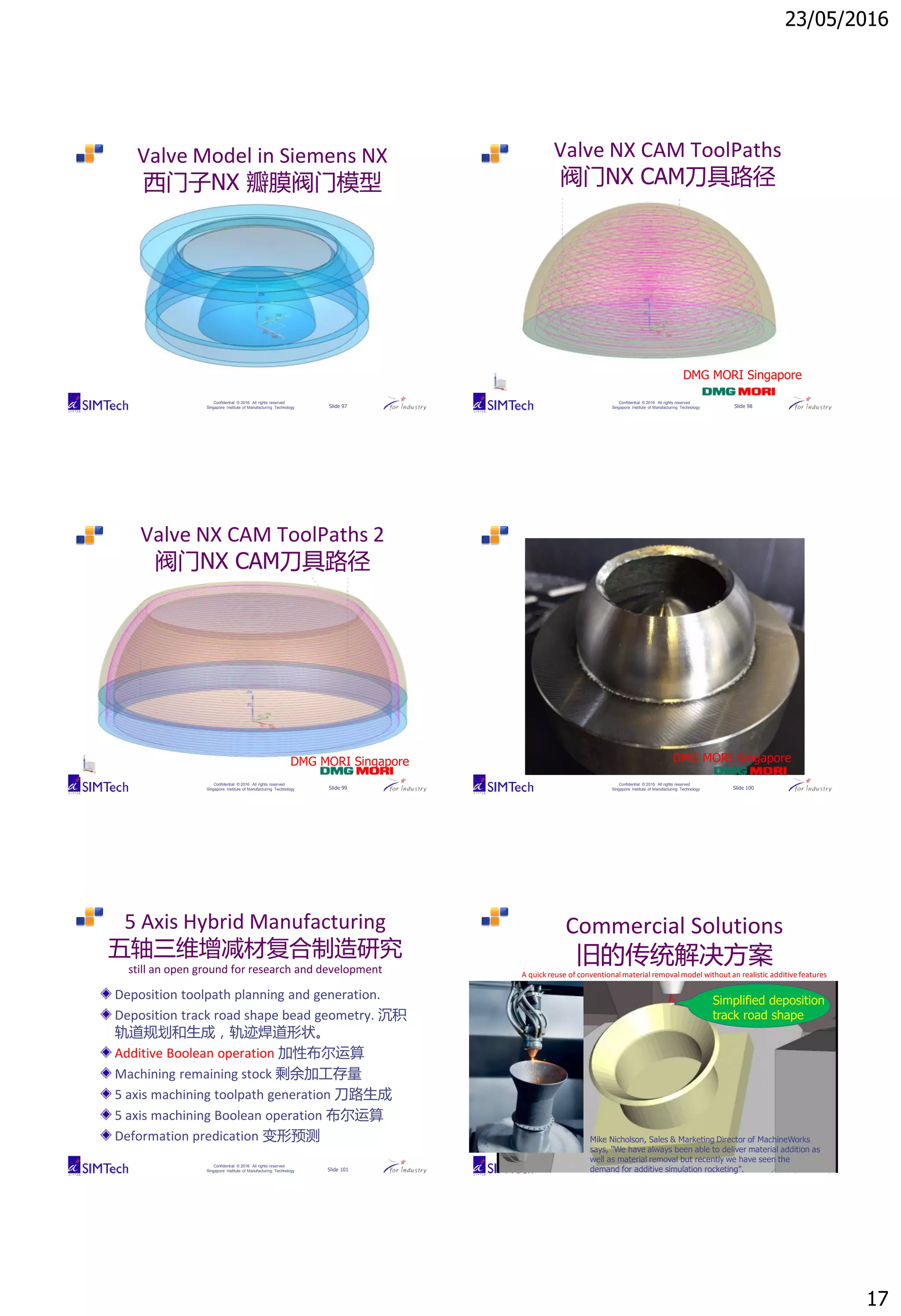 23/05/2016
17
Confidential © 2016 All rights reserved
Singapore Institute of Manufacturing Technology Slide 97
Valve Model in Siemens NX
西门子NX 瓣膜阀门模型
Confidential © 2016 All rights reserved
Singapore Institute of Manufacturing Technology Slide 98
Valve NX CAM ToolPaths
阀门NX CAM刀具路径
DMG MORI Singapore
Confidential © 2016 All rights reserved
Singapore Institute of Manufacturing Technology Slide 99
Valve NX CAM ToolPaths 2
阀门NX CAM刀具路径
DMG MORI Singapore
Confidential © 2016 All rights reserved
Singapore Institute of Manufacturing Technology Slide 100
DMG MORI Singapore
Confidential © 2016 All rights reserved
Singapore Institute of Manufacturing Technology Slide 101
5 Axis Hybrid Manufacturing
五轴三维增减材复合制造研究
still an open ground for research and development
Deposition toolpath planning and generation.
Deposition track road shape bead geometry. 沉积
轨道规划和生成，轨迹焊道形状。
Additive Boolean operation 加性布尔运算
Machining remaining stock 剩余加工存量
5 axis machining toolpath generation 刀路生成
5 axis machining Boolean operation 布尔运算
Deformation predication 变形预测
Confidential © 2016 All rights reserved
Singapore Institute of Manufacturing Technology Slide 102
Commercial Solutions
旧的传统解决方案
A quick reuse of conventional material removal model without an realistic additive features
Simplified deposition
track road shape
Mike Nicholson, Sales & Marketing Director of MachineWorks
says, "We have always been able to deliver material addition as
well as material removal but recently we have seen the
demand for additive simulation rocketing".
 