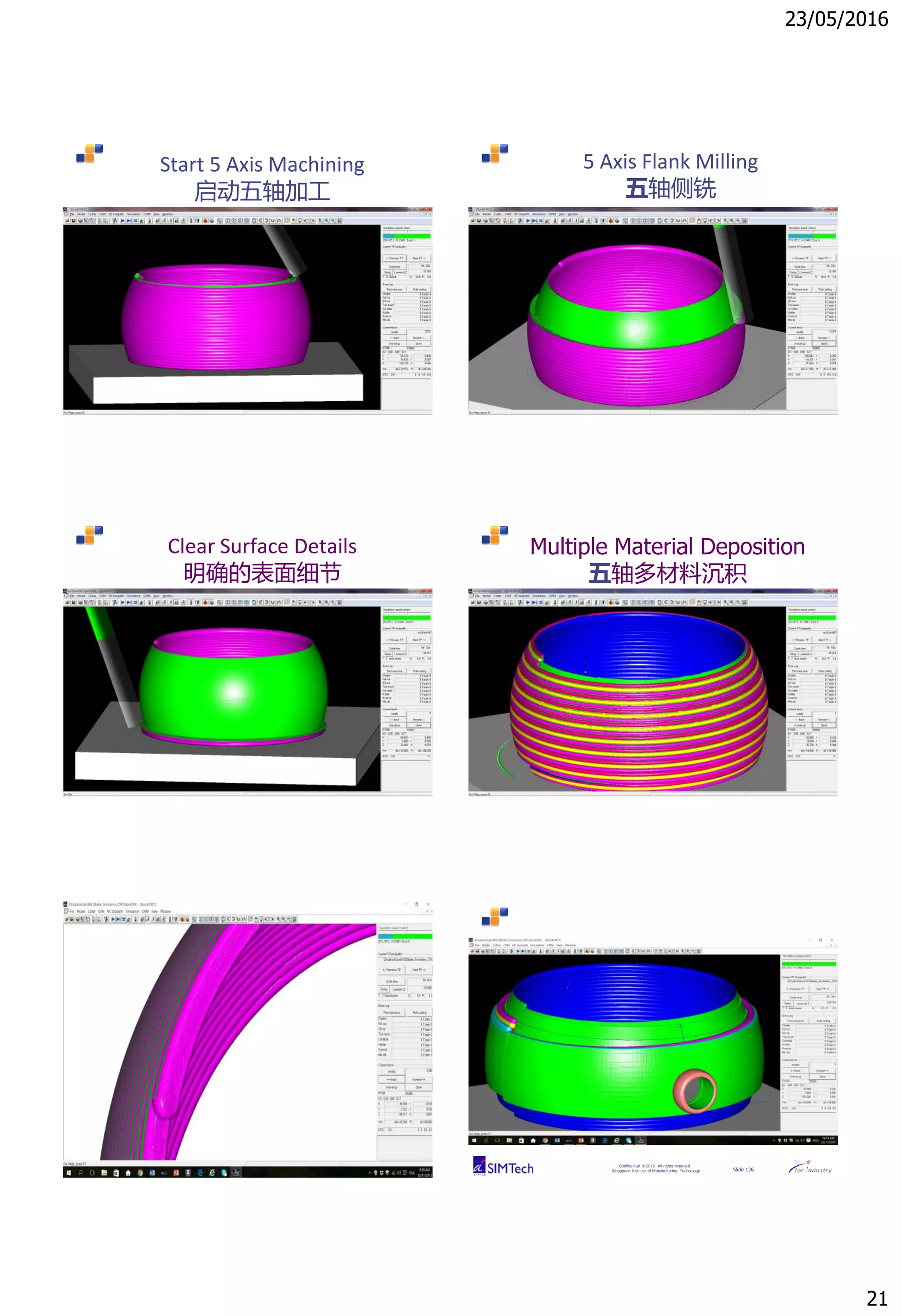 23/05/2016
21
Confidential © 2016 All rights reserved
Singapore Institute of Manufacturing Technology Slide 121
Start 5 Axis Machining
启动五轴加工
Confidential © 2016 All rights reserved
Singapore Institute of Manufacturing Technology Slide 122
5 Axis Flank Milling
五轴侧铣
Confidential © 2016 All rights reserved
Singapore Institute of Manufacturing Technology Slide 123
Clear Surface Details
明确的表面细节
Confidential © 2016 All rights reserved
Singapore Institute of Manufacturing Technology Slide 124
Multiple Material Deposition
五轴多材料沉积
124
Confidential © 2016 All rights reserved
Singapore Institute of Manufacturing Technology Slide 125
Confidential © 2016 All rights reserved
Singapore Institute of Manufacturing Technology Slide 126
 