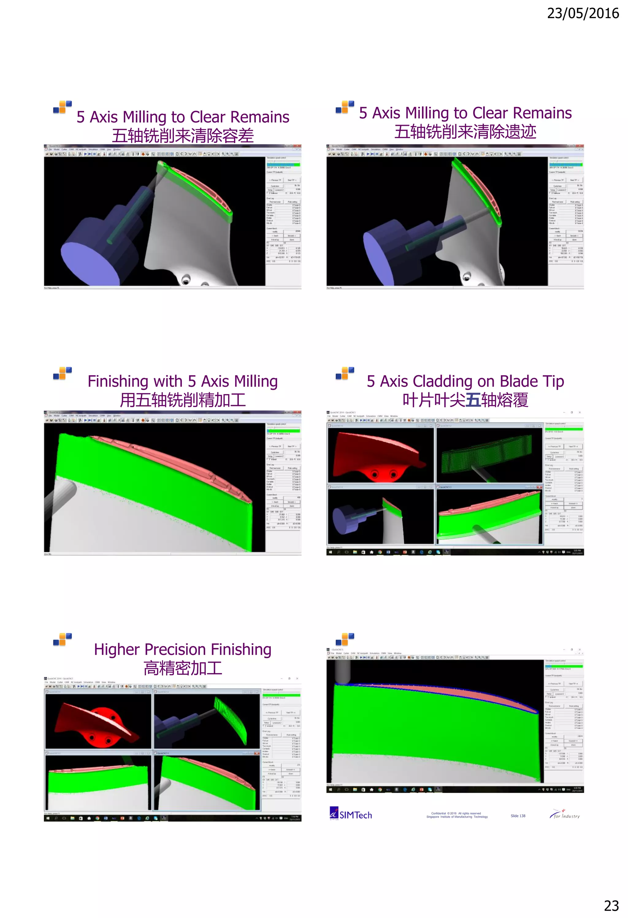 23/05/2016
23
Confidential © 2016 All rights reserved
Singapore Institute of Manufacturing Technology Slide 133
5 Axis Milling to Clear Remains
五轴铣削来清除容差
Confidential © 2016 All rights reserved
Singapore Institute of Manufacturing Technology Slide 134
5 Axis Milling to Clear Remains
五轴铣削来清除遗迹
Confidential © 2016 All rights reserved
Singapore Institute of Manufacturing Technology Slide 135
Finishing with 5 Axis Milling
用五轴铣削精加工
Confidential © 2016 All rights reserved
Singapore Institute of Manufacturing Technology Slide 136
5 Axis Cladding on Blade Tip
叶片叶尖五轴熔覆
Confidential © 2016 All rights reserved
Singapore Institute of Manufacturing Technology Slide 137
Higher Precision Finishing
高精密加工
Confidential © 2016 All rights reserved
Singapore Institute of Manufacturing Technology Slide 138
 