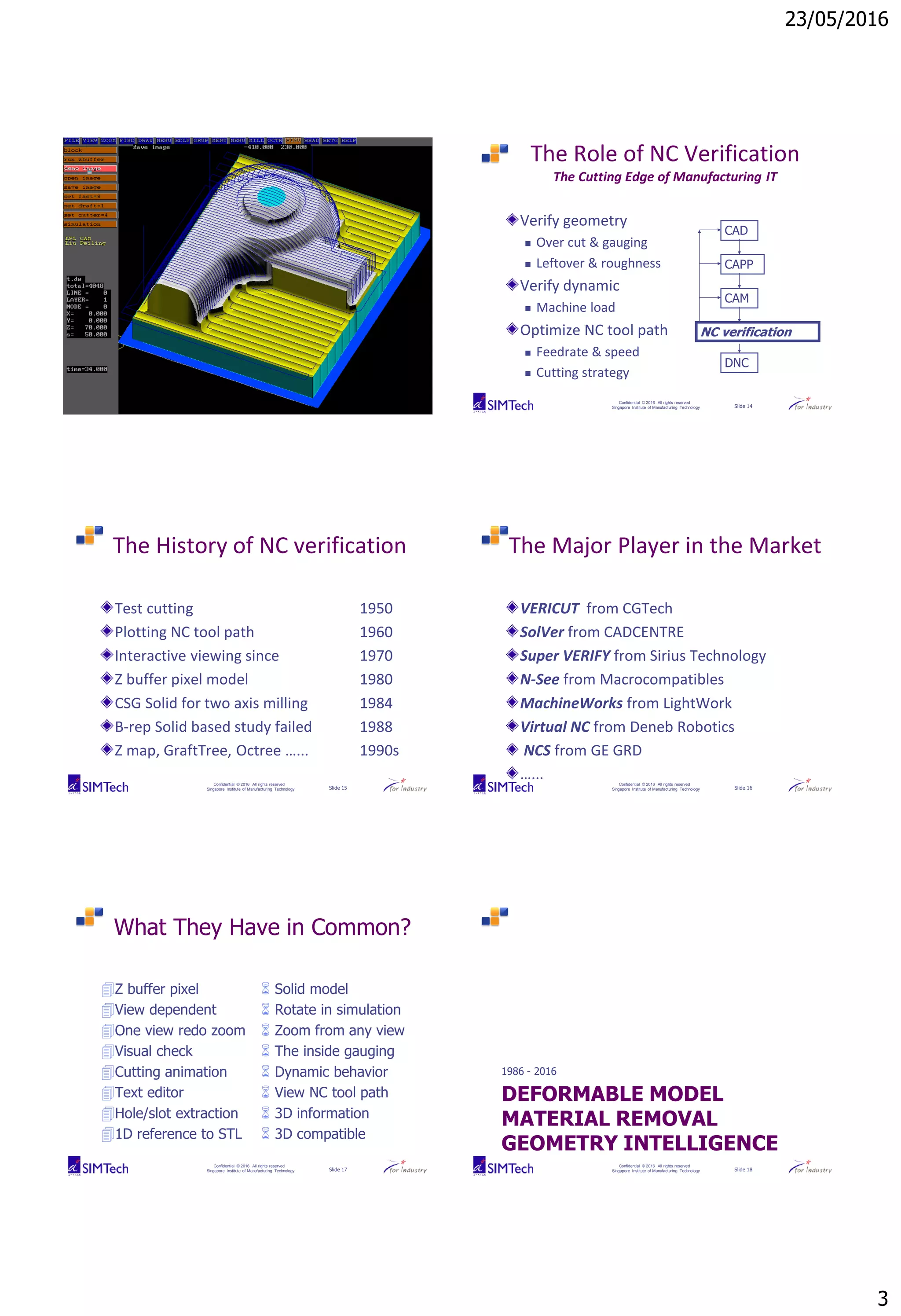 23/05/2016
3
Confidential © 2016 All rights reserved
Singapore Institute of Manufacturing Technology Slide 13
Confidential © 2016 All rights reserved
Singapore Institute of Manufacturing Technology Slide 14
The Role of NC Verification
The Cutting Edge of Manufacturing IT
Verify geometry
 Over cut & gauging
 Leftover & roughness
Verify dynamic
 Machine load
Optimize NC tool path
 Feedrate & speed
 Cutting strategy
CAD
CAPP
CAM
NC verification
DNC
Confidential © 2016 All rights reserved
Singapore Institute of Manufacturing Technology Slide 15
The History of NC verification
Test cutting 1950
Plotting NC tool path 1960
Interactive viewing since 1970
Z buffer pixel model 1980
CSG Solid for two axis milling 1984
B-rep Solid based study failed 1988
Z map, GraftTree, Octree …... 1990s
Confidential © 2016 All rights reserved
Singapore Institute of Manufacturing Technology Slide 16
The Major Player in the Market
VERICUT from CGTech
SolVer from CADCENTRE
Super VERIFY from Sirius Technology
N-See from Macrocompatibles
MachineWorks from LightWork
Virtual NC from Deneb Robotics
NCS from GE GRD
…...
Confidential © 2016 All rights reserved
Singapore Institute of Manufacturing Technology Slide 17
What They Have in Common?
Z buffer pixel
View dependent
One view redo zoom
Visual check
Cutting animation
Text editor
Hole/slot extraction
1D reference to STL
 Solid model
 Rotate in simulation
 Zoom from any view
 The inside gauging
 Dynamic behavior
 View NC tool path
 3D information
 3D compatible
Confidential © 2016 All rights reserved
Singapore Institute of Manufacturing Technology Slide 18
DEFORMABLE MODEL
MATERIAL REMOVAL
GEOMETRY INTELLIGENCE
1986 - 2016
 