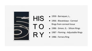 HIS
T O
R Y
1950 - Barraquer, J.,
1966 - Blavatskaya - Corneal
Rings from corneal tissue
1986 - Ferrara Ring
1986 - Simon, G. - Silicon Rings
1987 - Fleming - Adjustable Rings
 