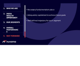  Necessary fundamentalsin place
 Adequately capitalized to achieve future goals
 Well defined trajectory for each segment
1. WHO WE ARE
2. INDIA
WEALTH
OPPORTUNITY
3. OUR SEGMENTS
4. OVERALL
PERFORMANC
E
5. WAY FORWARD
32
 