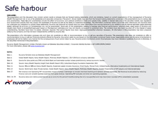 Safe harbour
35
DISCLAIMER:
This presentation and the discussion may contain certain words or phrases that are forward-looking statements, which are tentative, based on current expectations of the management of Nuvama
Wealth Management Ltd. or any of its subsidiaries and associate companies (“Nuvama”). Actual results may vary from the forward-looking statements contained in this presentations due to various risks
and uncertainties. These risks and uncertainties include the effect of economic and political conditions in India and outside India, volatility in interest rates and in the securities market, new regulations
and Government policies that may impact the businesses of Nuvama as well as the ability to implement its strategy. The information contained herein is as of the date referenced and Nuvama does
not undertake any obligation to update these statements. Nuvama has obtained all market data and other information from sources believed to be reliable or are its internal estimates unless otherwise
stated, although its accuracy or completeness can not be guaranteed. Some part of the presentation relating to business wise financial performance, balance sheet, asset books of Nuvama and
industry data herein is reclassified/regrouped based on Management estimates and may not directly correspond to published data. The numbers have also been rounded off in the interest of easier
understanding. Numbers have been re-casted, wherever required. Prior period figures have been regrouped/reclassified wherever necessary. All information in this presentation has been prepared
solely by the company and has not been independently verified by anyone else.
This presentation is for information purposes only and does not constitute an offer or recommendation to buy or sell any securities of Nuvama. This presentation also does not constitute an offer or
recommendation to buy or sell any financial products offered by Nuvama. Any action taken by you based on the information contained herein is your responsibility alone and Nuvama or its directors or
employees will not be liable in any manner for the consequences of such action taken by you. Nuvama and/or its directors and/or its employees may have interests or positions, financial or otherwise, in
the securities mentioned in this presentation.
Nuvama Wealth Management Limited. (Formerly known as Edelweiss Securities Limited) | Corporate Identity Number • U67110MH1993PLC344634
For more information, please visit www.nuvama.com
NOTES:
S
lide 1:
S
lide 6:
S
lide 9:
S
lide 10:
S
lide 11:
S
lide 12:
S
lide 27:
Nuvama formerly know as Edelweiss Wealth Management
Kotak Wealth Report, Karvy Wealth Report, Mckinsey Wealth Reports | 2017-2019and company estimates
Source for data points are CMIE and World Bank and estimated number is basis predictions by various economic bodies
Source: Karvy Wealth Reports, Knight Frank Wealth Report 2021, India Brand Equity Foundation September 2021
Source: RBIand SEBI and Karvy Wealth Reports, Investment assets includes Insurance, Direct Equity, Mutual Fund, Unlisted Equity, Alternative Investments and International Assets
Source: World bank, Asian Private banker, Kotak Wealth Report, Karvy Wealth Report, McKinsey Wealth Reports, Investor Presentation of WM players and Internal estimates
Net revenue and Operating PAT incorporates impact of phase 3 demerger to include merchant banking and advisory services businesses. Net Revenue is calculated by reducing
finance cost and variable business expenses from gross revenue. Operating PAT excludes one time non operating expenses.
Nuvama data and metrics presented are as on end of or for period 9 months ending Dec’22 or as specified and may have been rounded off for presentation purposes
S
lide 1 to 34:
 