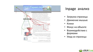 Inpage анализ
• Загрузка страницы
• Движение мышью
• Клики
• Фокус на объекте
• Взаимодействие с
формами
• Уход со страницы
 