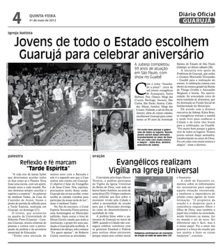 4              quinta-feira
                                            31 de maio de 2012
                                                                                                                                                                                   Diário Oficial
                                                                                                                                                                                    GUARUJÁ
                          igreja batista


                               Jovens de todo o Estado escolhem
                                Guarujá para celebrar aniversário
                                                                                                                                         A Jubesp completou                       Batista do Estado de São Paulo
Fotos Raimundo Nogueira




                                                                                                                                                                                  (Jubesp), no último sábado (26).
                                                                                                                                         93 anos de atuação                           A iniciativa teve apoio da
                                                                                                                                         em São Paulo, com                        Prefeitura de Guarujá, que cedeu
                                                                                                                                         show no Guaibê                           o Ginásio Marivaldo Fernandes
                                                                                                                                                                                  – Guaibê para a realização do



                                                                                                                                         C
                                                                                                                                                   om o tema “Invadin-            evento. A celebração contou com
                                                                                                                                                   do a praia!”, cerca de         shows da música gospel da Banda
                                                                                                                                                   mil jovens evangélicos         de Thiago Grulha e Alexandre
                                                                                                                                                   de Araraquara, Santa           Magnani e banda. Na oportu-
                                                                                                                                         Bárbara, Poá, Osasco, Mogi das           nidade, foi arrecadada cerca de
                                                                                                                                         Cruzes, Bertioga, Suzano, São            meia tonelada de alimentos, que
                                                                                                                                         Carlos, São Paulo, Santos, Cuba-         foi destinada ao Fundo Social de
                                                                                                                                          tão, Mauá, Jundiaí, Mogi das            Solidariedade do Município.
                                                                                                                                          Cruzes, Vinhedo, e até do Rio de            De acordo com a diretora
                                                                                                                                          Janeiro, além de outras cidades,        executiva da Jubesp, Kátia Braz,
                                                                                                                                          escolheram Guarujá para come-           os evangélicos tiveram a manhã
                                                                                                                                          morar os 93 anos da Juventude           e tarde livre para conhecer a
                                                                                                                                                                                  Cidade e de noite eles foram
                                                                                                                                                                                  para a celebração, no Guaibê.
                                                                                                                                           Foi muito bom porque a galera          “Foi muito bom porque a galera
                                                                                                                                           veio de todos os lugares. Nossos       veio de todos os lugares. Nossos
                                                                                                                                           jovens saíram daqui animados,          jovens saíram daqui animados,
                                                                                                                                           transbordando no amor de Deus.         transbordando no amor de Deus.
                                                                                                                                           Foi um culto com muita música
                                                                                                                                           e alegria” - Kátia Braz, diretora      Foi um culto com muita música e
                                                                                                                                           executiva da Jubesp                    alegria”, disse a diretora.



                          palestra                                                                  oração

                                    Reflexão e fé marcam                                                            Evangélicos realizam
                                      “Tarde Espírita”
                              “A vida nos dá tantas lições     muitos anos com a Baixada e
                                                                                                                  Vigília na Igreja Universal
                          que deveríamos acordar todos         este é o segundo ano que a Casa         Convidada pelo bispo Mauro                                                 e financeiro.
                          os dias como se o Planeta Terra      realiza este evento em Guarujá.      Teixeira, a prefeita participou                                                   A chefe do Executivo co-
                          fosse uma escola, com um apren-      O objetivo é falar do Evangelho      da Vigília da Igreja Universal                                                mentou sobre os enfrentamen-
                          dizado novo a cada manhã. Por        e de Jesus Cristo. Nós, espíritas,   do Reino de Deus, com sede no                                                 tos necessários para superar
                          isso devemos sempre conciliar o      precisamos muito dessa união.        bairro Santo Antônio, na noite de                                             aquela situação encontrada,
                          espírito e a matéria”. As palavras   Guarujá não só nos acolhe, como      sexta-feira (25). O bispo conduziu                                            e enalteceu a importância do
                          do médium Tadeu, da Casa do          acolhe as cidades vizinhas para      uma reflexão aos fieis sobre o                                                cristão como agente de trans-
                          Caminho de Araxá, foram o            participar da nossa tarde de luz”,   momento vivido pela Cidade e                                                  formação. “O propósito da
                          ponto de partida de reflexão para    disse o médium Tadeu.                sobre a necessidade de oração                                                 oração é o despertar para a
                          a Tarde Espírita, realizada em           No fim do encontro, o Coral      para que o Município prossiga                                                 consciência enquanto filhos e
                          Guarujá, no domingo (27).            Espírita Terezinha Flores prestou    no rumo do desenvolvimento e                                                  filhas de Deus, mas também o
                              O evento, que aconteceu          uma homenagem ao Município           qualidade de vida.                                                            papel dos cristãos na sociedade,
                          na quadra da Universidade de         anfitrião. Após cantar o hino de        A prefeita falou sobre o pa-                                               sendo fermento na massa, luz
                          Ribeirão Preto (Unaerp) – Cam-       Minas Gerais, estado que sedia a     norama de Guarujá no início de                                                no mundo e sal da terra. Ser
                          pus Guarujá, reuniu centenas de      instituição, o grupo fez uma sau-    2009, quando a Cidade não con-                                                diferencial não é fácil, mas é
                          pessoas e contou com a partici-      dação a Guarujá pela acolhida. A     seguia celebrar convênios com                                                 o nosso papel. Foi o amor das
                          pação da prefeita e da secretária    dinâmica do abraço, sob a música     os governos Estadual e Federal                                                pessoas e a força da oração que
                          municipal de Educação.               “Eu quero apenas”, de Roberto        para realizar obras estruturais      Religiosos participaram do momento       nos ajudou a fazer as coisas
                              “Tenho uma amizade de            Carlos, encerrou as atividades.      porque estava sem crédito moral      de oração na noite de sexta-feira (25)   mudarem”, concluiu.
 