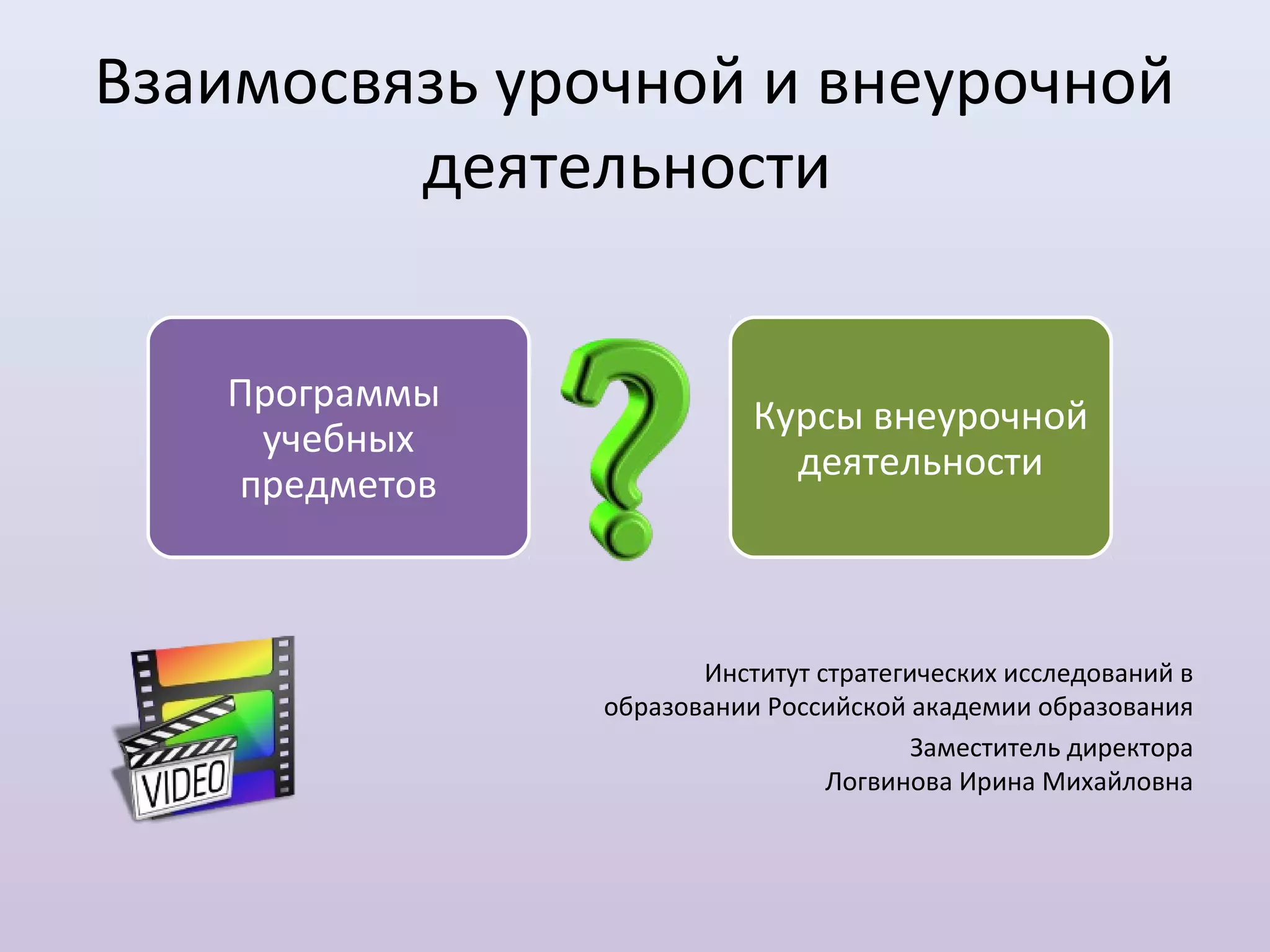 Взаимосвязь урочной и внеурочной
         деятельности


   Программы
                          Курсы внеурочной
    учебных
                            деятельности
   предметов



                      Институт стратегических исследований в
               образовании Российской академии образования
                                       Заместитель директора
                                Логвинова Ирина Михайловна
 