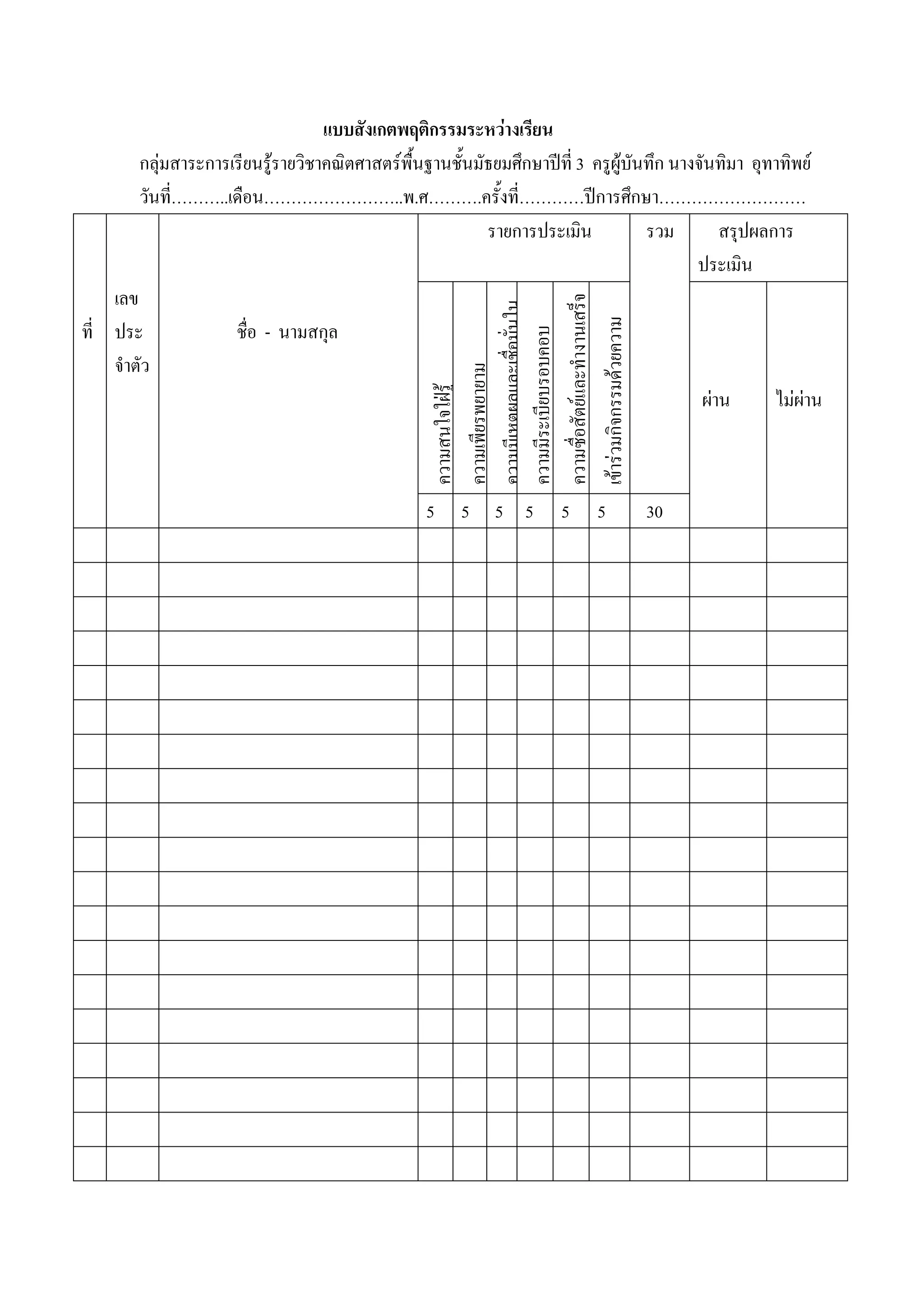 แบบสังเกตพฤติกรรมระหวางเรียน
        กลุมสาระการเรียนรูรายวิชาคณิตศาสตรพื้นฐานชั้นมัธยมศึกษาปที่ 3 ครูผูบันทึก นางจันทิมา อุทาทิพย
        วันที………..เดือน……………………..พ.ศ……….ครั้งที่…………ปการศึกษา………………………
             ่
                                                          รายการประเมิน            รวม       สรุปผลการ
                                                                                          ประเมิน
    เลข




                                                  ความซื่อสัตยและทํางานเสร็จ
                                                  ความมีเหตผลและเชื่อมั่นใน
ที่ ประ               ชื่อ - นามสกุล




                                                  เขารวมกิจกรรมดวยความ
                                                  ความมีระเบียบรอบคอบ
    จําตัว



                                                  ความเพียรพยายาม
                                                                                          ผาน       ไมผาน
                                                  ความสนใจใฝรู

                                                  5    5    5 5       5    5      30
 