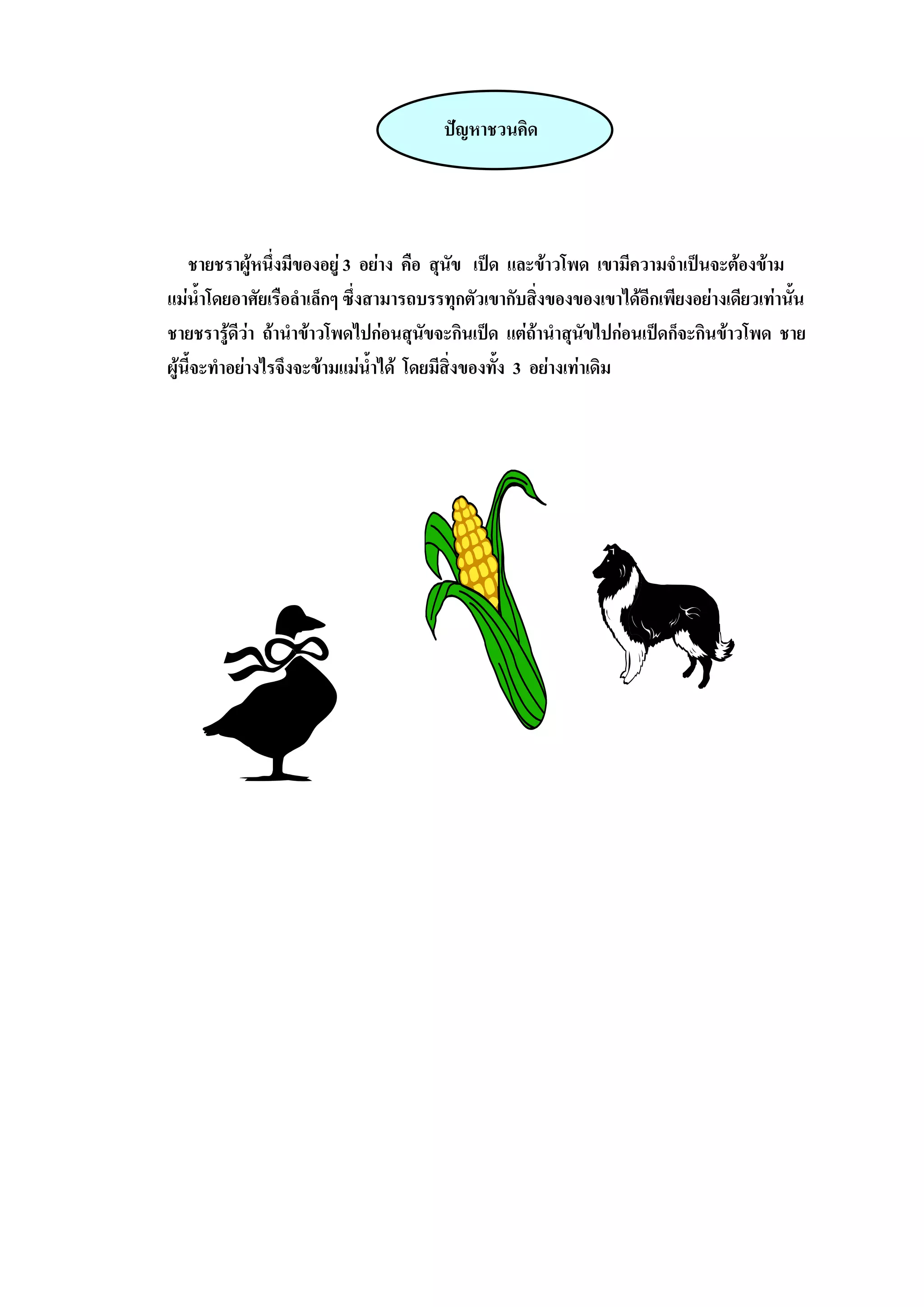 ปญหาชวนคิด




    ชายชราผูหนึ่งมีของอยู 3 อยาง คือ สุนัข เปด และขาวโพด เขามีความจําเปนจะตองขาม
แมน้ําโดยอาศัยเรือลําเล็กๆ ซึ่งสามารถบรรทุกตัวเขากับสิ่งของของเขาไดอีกเพียงอยางเดียวเทานัน
                                                                                             ้
ชายชรารูดีวา ถานําขาวโพดไปกอนสุนขจะกินเปด แตถานําสุนขไปกอนเปดก็จะกินขาวโพด ชาย
                                      ั                       ั
ผูนี้จะทําอยางไรจึงจะขามแมนําได โดยมีสิ่งของทัง 3 อยางเทาเดิม
                                 ้                 ้
 