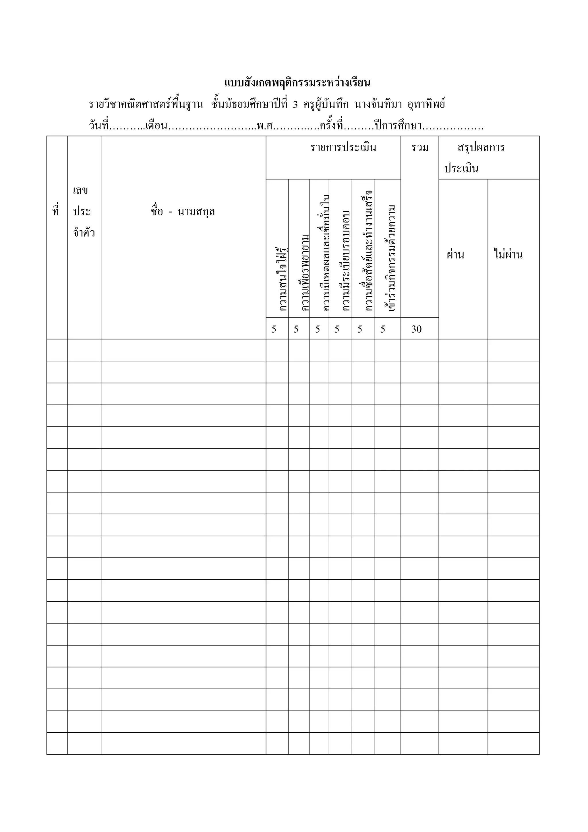 แบบสังเกตพฤติกรรมระหวางเรียน
        รายวิชาคณิตศาสตรพื้นฐาน ชั้นมัธยมศึกษาปที่ 3 ครูผูบันทึก นางจันทิมา อุทาทิพย
        วันที………..เดือน……………………..พ.ศ……….….ครั้งที่………ปการศึกษา………………
             ่
                                                        รายการประเมิน           รวม      สรุปผลการ
                                                                                       ประเมิน
    เลข




                                               ความซื่อสัตยและทํางานเสร็จ
                                               ความมีเหตผลและเชื่อมั่นใน
ที่ ประ              ชื่อ - นามสกุล




                                               เขารวมกิจกรรมดวยความ
                                               ความมีระเบียบรอบคอบ
    จําตัว



                                               ความเพียรพยายาม
                                                                                     ผาน      ไมผาน
                                               ความสนใจใฝรู

                                               5    5   5 5      5    5      30
 