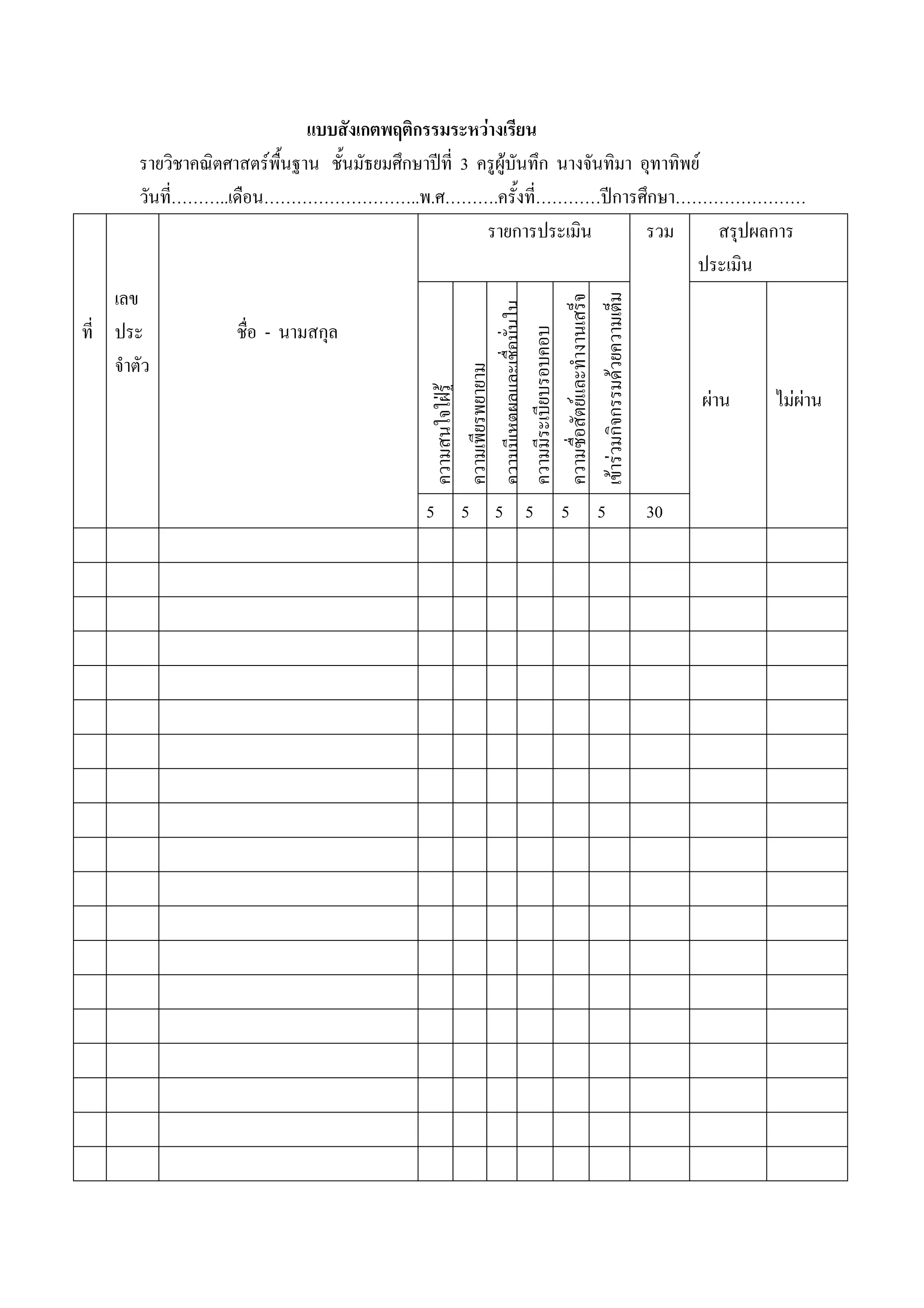 แบบสังเกตพฤติกรรมระหวางเรียน
        รายวิชาคณิตศาสตรพื้นฐาน ชั้นมัธยมศึกษาปที่ 3 ครูผูบันทึก นางจันทิมา อุทาทิพย
        วันที………..เดือน………………………..พ.ศ……….ครั้งที่…………ปการศึกษา……………………
             ่
                                                        รายการประเมิน           รวม      สรุปผลการ
                                                                                       ประเมิน
    เลข




                                              เขารวมกิจกรรมดวยความเต็ม
                                              ความซื่อสัตยและทํางานเสร็จ
                                              ความมีเหตผลและเชื่อมั่นใน
ที่ ประ              ชื่อ - นามสกุล




                                              ความมีระเบียบรอบคอบ
    จําตัว



                                              ความเพียรพยายาม
                                                                                   ผาน      ไมผาน
                                              ความสนใจใฝรู

                                              5    5   5 5      5    5      30
 