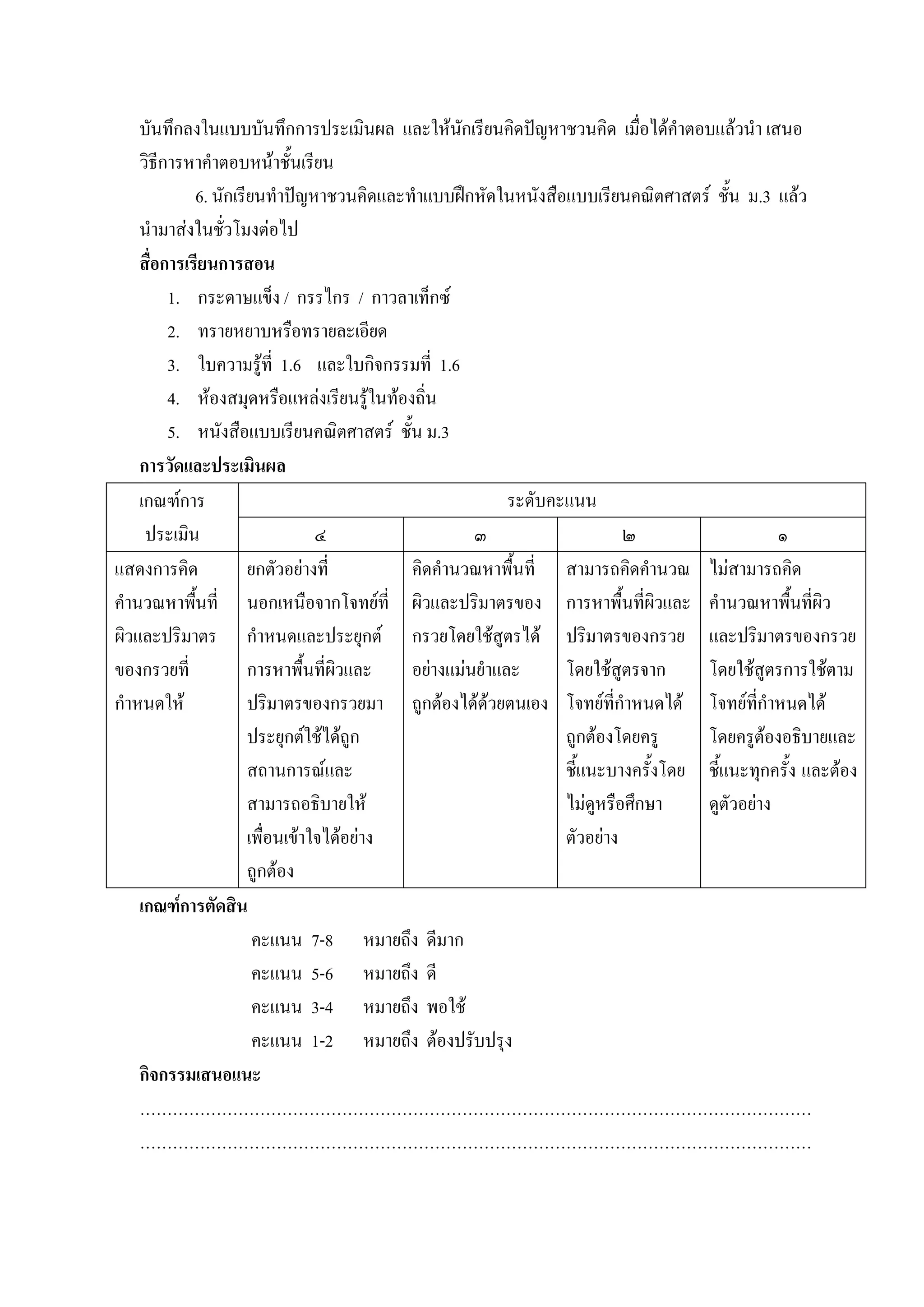 บันทึกลงในแบบบันทึกการประเมินผล และใหนกเรียนคิดปญหาชวนคิด เมื่อไดคําตอบแลวนํา เสนอ
                                                  ั
    วิธีการหาคําตอบหนาชั้นเรียน
             6. นักเรียนทําปญหาชวนคิดและทําแบบฝกหัดในหนังสือแบบเรียนคณิตศาสตร ชั้น ม.3 แลว
    นํามาสงในชั่วโมงตอไป
    สื่อการเรียนการสอน
         1. กระดาษแข็ง / กรรไกร / กาวลาเท็กซ
         2. ทรายหยาบหรือทรายละเอียด
         3. ใบความรูที่ 1.6 และใบกิจกรรมที่ 1.6
         4. หองสมุดหรือแหลงเรียนรูในทองถิ่น
         5. หนังสือแบบเรียนคณิตศาสตร ชั้น ม.3
    การวัดและประเมินผล
    เกณฑการ                                              ระดับคะแนน
     ประเมิน                     ๔                  ๓                     ๒                   ๑
แสดงการคิด            ยกตัวอยางที่        คิดคํานวณหาพื้นที่ สามารถคิดคํานวณ ไมสามารถคิด
คํานวณหาพืนที่ นอกเหนือจากโจทยที่ ผิวและปริมาตรของ การหาพื้นที่ผวและ คํานวณหาพืนที่ผิว
             ้                                                                ิ                 ้
ผิวและปริมาตร กําหนดและประยุกต กรวยโดยใชสตรได ปริมาตรของกรวย และปริมาตรของกรวย
                                                        ู
ของกรวยที่            การหาพื้นที่ผวและ
                                    ิ      อยางแมนยําและ       โดยใชสูตรจาก     โดยใชสูตรการใชตาม
กําหนดให             ปริมาตรของกรวยมา ถูกตองไดดวยตนเอง โจทยที่กําหนดได โจทยที่กําหนดได
                                                      
                      ประยุกตใชไดถูก                          ถูกตองโดยครู     โดยครูตองอธิบายและ
                      สถานการณและ                               ชี้แนะบางครั้งโดย ชี้แนะทุกครั้ง และตอง
                      สามารถอธิบายให                            ไมดูหรือศึกษา    ดูตัวอยาง
                      เพื่อนเขาใจไดอยาง                       ตัวอยาง
                      ถูกตอง
    เกณฑการตัดสิน
                       คะแนน 7-8 หมายถึง ดีมาก
                       คะแนน 5-6 หมายถึง ดี
                       คะแนน 3-4 หมายถึง พอใช
                       คะแนน 1-2 หมายถึง ตองปรับปรุง
    กิจกรรมเสนอแนะ
    ……………………………………………………………………………………………………………
    ……………………………………………………………………………………………………………
 