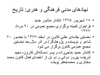 نهادهای مدنی فرهنگی و هنری :  تاریخ ۱۸  شهریور  ۱۳۷۵   انتشار  منشور جدید فراخوان کمیته برگزاری مجمع عمومی در  ۲۰  مرداد  ۱۳۷۷   نخستین جلسه‌ی علنی  کانون  در اسفند  ۱۳۷۷  با حضور  ۷۰  شاعر و نویسنده و پژوهشگر /   در آذر سال بعد نخستین مجمع عمومی  کانون برگزار می شود   کشتار  حمید حاجی‌زاده و پسر ده‌ساله‌اش کارون، مجید شریف، پیروز دوانی و دو تن از اعضای فعال کانون محمد مختاری و محمدجعفر پوینده  