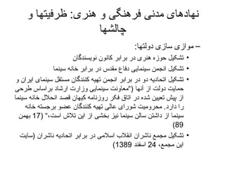 نهادهای مدنی فرهنگی و هنری :  ظرفیتها و چالشها موازی سازی دولتها :  تشکیل حوزه هنری در برابر کانون نویسندگان تشکیل انجمن سینمایی دفاع مقدس در برابر خانه سینما تشکیل اتحادیه دو در برابر  انجمن تهیه کنندگان مستقل سینمای ایران  و حمایت دولت از آنها  (” معاونت سینمایی وزارت ارشاد براساس طرحی از پیش تعیین شده در اتاق فکر روزنامه کیهان قصد انحلال خانه سینما را دارد .  محرومیت شورای عالی تهیه کنندگان عضو برجسته خانه سینما از داشتن سالن سینما نیز بخشی از این تلاش است ،“  (17  بهمن  89) تشکیل مجمع ناشران انقلاب اسلامی در برابر اتحادیه ناشران  ( سایت این مجمع،  24  اسفند  1389) 