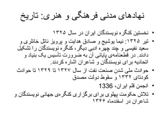 نهادهای مدنی فرهنگی و هنری :  تاریخ نخستین کنگره نویسندگان ایران در سال  ۱۳۲۵ تیر  ۱۳۲۵ :   نیما یوشیج و صادق هدایت و پرویز ناتل خانلری و سعید نفیسی و چند چهره ادبی دیگر، کنگره نویسندگان را تشکیل دادند .  در قطعنامه‌ی پایانی آن به ضرورت تأسیس یک بنیاد و اتحادیه برای نویسندگان و شاعران اشاره کردند .  حوادث ملی شدن صنعت نفت از سال  ۱۳۲۷  تا  ۱۳۲۹  تا حوادث کودتای  ۱۳۳۲  و سقوط دولت مصدق انجمن قلم ایران،  1336 تلاش حکومت پهلوی برای برگزاری  کنگره‌ی جهانی نویسندگان و شاعران در اسفندماه  ۱۳۴۶ 