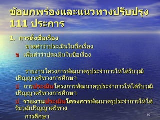 ข้อบกพร่องและแนวทางปรับปรุง  111  ประการ 1.  การตั้งชื่อเรื่อง      ขาดคำว่าประเมินในชื่อเรื่อง    เพิ่มคำว่าประเมินในชื่อเรื่อง      รายงานโครงการพัฒนาครูประจำการให้ได้รับวุฒิปริญญาตรีทางการศึกษา    การ ประเมิน โครงการพัฒนาครูประจำการให้ได้รับวุฒิปริญญาตรีทางการศึกษา    รายงาน ประเมิน โครงการ พัฒนาครูประจำการให้ได้รับวุฒิปริญญาตรีทาง  การศึกษา    รายงานการ ประเมิน โครงการ พัฒนาครูประจำการให้ได้รับวุฒิปริญญาตรีทาง การศึกษา 