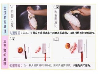 V




    苦瓜、小黃瓜等這類連皮一起食用的蔬菜，只需用軟毛刷清洗即可。

V




    生、熟食需使用不同砧板、菜刀及盛裝器具，以避免交叉汙染。
 