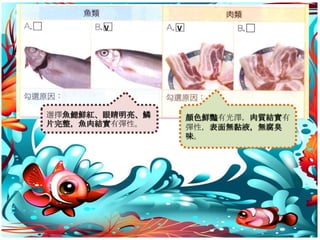 V        V




選擇魚鰓鮮紅、眼睛明亮、鱗       顏色鮮豔有光澤，肉質結實有
片完整，魚肉結實有彈性。        彈性，表面無黏液，無腐臭
                    味。
 