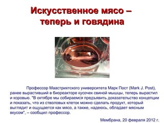 Искусственное мясо –
           теперь и говядина




         Профессор Маастрихтского университета Марк Пост (Mark J. Post),
ранее вырастивший в биореакторе кусочек свиной мышцы, теперь вырастил
и коровью. "В октябре мы собираемся предъявить доказательство концепции
и показать, что из стволовых клеток можно сделать продукт, который
выглядит и ощущается как мясо, а также, надеюсь, обладает мясным
вкусом", – сообщил профессор.
                                           Мембрана, 20 февраля 2012 г.
 