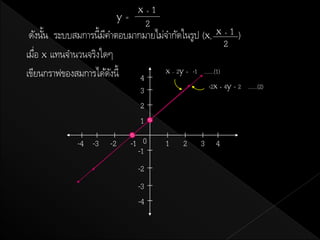 x        1
                           y
                                         +
                               =
                               2
 ดังนัน ระบบสมการนี้มคาตอบมากมายไม่จากัดในรูป (x, x + 1 )
      ้              ี
                                                      2
เมือ x แทนจานวนจริงใดๆ
   ่
เขียนกราฟของสมการได้ดงนี้
                       ั           x 2y -1 .......(1)-   =
                             4
                                                              -2x + 4y = 2 .......(2)
                                     3
                                     2
                                     1
             -4 -3    -2           -1 0          1       2   3 4
                                     -1
                                    -2
                                    -3
                                    -4
 