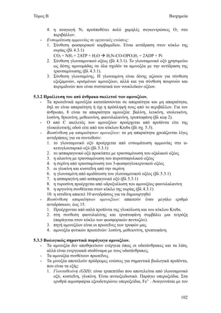 Τόμος Β                                                                 Βιοχημεία


       4. η αναγωγή Ν2 προϋποθέτει πολύ χαμηλές συγκεντρώσεις Ο2 στο
          περιβάλλον.
   -   Ενσωμάτωση αμμωνίας σε οργανικές ενώσεις:
       1. Σύνθεση φωσφορικού καρβαμιδίου. Είναι αντίδραση στον κύκλο της
          ουρίας (βλ 4.3.1)
          CO2 + NH3 + 2ATP + H2O  H2N-CO-OPO3H2 + 2ADP + Pi
       2. Σύνθεση γλουταμινικού οξέος (βλ 4.3.1). Το γλουταμινικό οξύ χρησιμεύει
          ως δότης αμινομάδας σε όλα σχεδόν τα αμινοξέα με την αντίδραση της
          τρανσαμίνωσης (βλ 4.3.1).
       3. Σύνθεση γλουταμίνης. Η γλουταμίνη είναι δότης αζώτου για σύνθεση
          εξοζαμινών, ορισμένων αμινοξέων, αλλά και για σύνθεση πουρινών και
          πυριμιδινών που είναι συστατικά των νουκλεϊκών οξέων.

5.3.2 Προέλευση του από άνθρακα σκελετού των αμινοξέων.
    - Τα πρωτεϊνικά αμινόξέα κατατάσσονται σε απαραίτητα και μη απαραίτητα,
       δηλ αν είναι απαραίτητη ή όχι η πρόσληψή τους από το περιβάλλον. Για τον
       άνθρωπο, 8 είναι τα απαραίτητα αμινοξέα: βαλίνη, λευκίνη, ισολευκίνη,
       λυσίνη, θρεονίνη, μεθειονίνη, φαινυλαλανίνη, τρυπτοφάνη (βλ κεφ 2).
    - Ο από C ακελετός των αμινοξέων προέρχεται από προϊόντα είτε της
       γλυκολυτικής οδού είτε από του κύκλου Krebs (βλ σχ. 5.3).
    - Βιοσύνθεση μη απαραίτητων αμινοξέων: τα μη απαραίτητα χρειάζονται λίγες
       αντιδράσεις για να συντεθούν:
       1. το γλουταμινικό οξύ προέρχεται από ενσωμάτωση αμμωνίας στο α-
           κετογλουταρικό οξύ (βλ 5.3.1)
       2. το ασπαραγινικό οξύ προκύπτει με τρανσαμίνωση του οξαλικού οξέος
       3. η αλανίνη με τρανσαμίνωση του πυροσταφυλικού οξέος
       4. η σερίνη από τρανσαμίνωση του 3-φωσφογλυκερινικού οξέος
       5. οι γλυκίνη και κυστεΐνη από την σερίνη
       6. η γλουταμίνη από αμιδάτωση του γλουταμινικού οξέος (βλ 5.3.1)
       7. η ασπαραγίνη από ασπαραγινικό οξύ (βλ 5.3.1)
       8. η τυροσίνη προέρχεται από υδροξυλίωση του αμινοξέος φαινυλαλανίνη
       9. η αργινίνη συνθέτεται στον κύκλο της ουρίας (βλ 4.3.1)
       10. η ιστιδίνη απαιτεί 10 αντιδράσεις για να δημιουργηθεί
    - Βιοσύνθεση απαραίτητων αμινοξέων: απαιτούν έναν μεγάλο εριθμό
       αντιδράσεων, έως 15.
       1. Προέρχονται από απλά προϊόντα της γλυκόλυση και του κύκλου Krebs.
       2. στη συνθεση φαινυλαλίνης και τρυπτοφάνη συμβάλει μια τετρόζη
           (παράγεται στον κύκλο των φωσφορικών πεντοζών).
       3. πηγή αμινοξέων είναι οι πρωτεΐνες των τροφών μας.
       4. αμινοξέα φυτικών πρωτεϊνών: λυσίνη, μεθειονίνη, τρυπτοφάνη.

5.3.3 Βιολογικώς σημαντικά παράγωγα αμινοξέων.
    - Τα αμινοξέα δεν αποθηκεύουν ενέργεια όπως οι υδατάνθρακες και τα λίπη,
       αλλά είναι ενεργειακά ισοδύναμα με τους υδατάνθρακες.
    - Τα αμινοξέα συνθέτουν πρωτεΐνες.
    - Τα μινοξέα αποτελούν πρόδρομες ενώσεις για σημαντικά βιολογικά προϊόντα,
       που είναι τα εξής:
       1. Γλουταθειόνη (GSH): είναι τριπεπτίδιο που αποτελείται από γλουταμινικό
           οξύ, κυστεΐνη, γλυκίνη. Είναι αντιοξειδωτικό. Παράγει υπεροξείδια. Στα
           ερυθρά αιμοσφαίρια εξουδετερώνει υπεροξείδια, Fe3- . Αναγεννάται με τον


                                                                              102
 