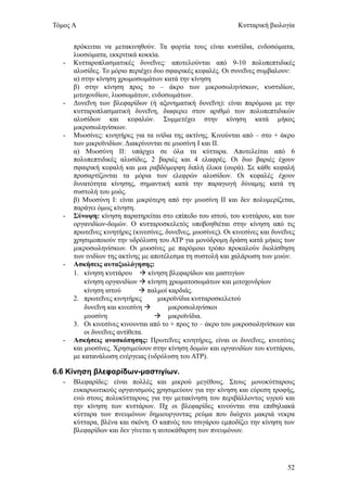 Τόμος Α                                                          Κυτταρική βιολογία


       πρόκειται να μετακινηθούν. Τα φορτία τους είναι κυστίδια, ενδοσώματα,
       λυοσώματα, εκκριτικά κοκκία.
   -   Κυτταροπλασματικές δυνεΐνες: αποτελούνται από 9-10 πολυπεπτιδικές
       αλυσίδες. Το μόριο περιέχει δυο σφαιρικές κεφαλές. Οι συνεΐνες συμβαλουν:
       α) στην κίνηση χρωμοσωμάτων κατά την κίνηση
       β) στην κίνηση προς το – άκρο των μικροσωληνίσκων, κυστιδίων,
       μιτοχονδίων, λυοσωμάτων, ενδοσωμάτων.
   -   Δυνεΐνη των βλεφαρίδων (ή αξονηματική δυνεΐνη): είναι παρόμοια με την
       κυτταροπλασματική δυνεΐνη, διαφερει στον αριθμό των πολυπεπτιδικών
       αλυσίδων και κεφαλών. Συμμετέχει στην κίνηση κατά μήκος
       μικροσωληνίσκων.
   -   Μυοσίνες: κινητήρες για τα ινίδια της ακτίνης. Κινούνται από – στο + άκρο
       των μικροϊνιδίων. Διακρίνονται σε μυοσίνη Ι και ΙΙ.
       α) Μυοσύνη ΙΙ: υπάρχει σε όλα τα κύτταρα. Αποτελείται από 6
       πολυπεπτιδικές αλυσίδες, 2 βαριές και 4 ελαφρές. Οι δυο βαριές έχουν
       σφαιρική κεφαλή και μια ραβδόμορφη διπλή έλικα (ουρά). Σε κάθε κεφαλή
       προσαρτίζονται τα μόρια των ελεφρών αλυσίδων. Οι κεφαλές έχουν
       δυνατότητα κίνησης, σημαντική κατά την παραγωγή δύναμης κατά τη
       συστολή του μυός.
       β) Μυοσύνη Ι: είναι μικρότερη από την μυοσίνη ΙΙ και δεν πολυμερίζεται,
       παράγει όμως κίνηση.
   -   Σύνοψη: κίνηση παρατηρείται στο επίπεδο του ιστού, του κυττάρου, και των
       οργανιδίων-δομών. Ο κυτταροσκελετός υποβοηθιέται στην κίνηση από τις
       πρωτεΐνες κινητήρες (κινεσίνες, δυνεΐνες, μυοσίνες). Οι κινεσίνες και δυνεΐνες
       χρησιμοποιούν την υδρόλυση του ΑΤΡ για μονόδρομη δράση κατά μήκος των
       μικροσωληνίσκων. Οι μυοσίνες με παρόμοιο τρόπο προκαλούν διολίσθηση
       των ινιδίων της ακτίνης με αποτέλεσμα τη συστολή και χαλάρωση των μυών.
   -   Ασκήσεις αυταξιολόγησης:
       1. κίνηση κυττάρου  κίνηση βλεφαρίδων και μαστιγίων
           κίνηση οργανιδίων  κίνηση χρωματοσωμάτων και μιτοχονδρίων
           κίνηση ιστού        παλμοί καρδιάς.
       2. πρωτεΐνες κινητήρες       μικροϊνίδια κυτταροσκελετού
           δυνεΐνη και κινεσίνη        μικροσωληνίσκοι
           μυοσίνη                  μικροϊνίδια.
       3. Οι κινεσίνες κινουνται από το + προς το – άκρο του μικροσωληνίσκων και
           οι δυνεΐνες αντίθετα.
   -   Ασκήσεις ανασκόπησης: Πρωτεΐνες κινητήρες, είναι οι δυνεΐνες, κινεσίνες
       και μυοσίνες. Χρησιμεύουν στην κίνηση δομών και οργανιδίων του κυττάρου,
       με κατανάλωση ενέργειας (υδρόλυση του ΑΤΡ).

6.6 Κίνηση βλεφαρίδων-μαστιγίων.
   -   Βλεφαρίδες: είναι πολλές και μικρού μεγέθους. Στους μονοκύτταρους
       ευκαρυωτικούς οργανισμούς χρησιμεύουν για την κίνηση και εύρεση τροφής,
       ενώ στους πολυκύτταρους για την μετακίνηση του περιβάλλοντος υγρού και
       την κίνηση των κυττάρων. Πχ οι βλεφαρίδες κινούνται στα επιθηλιακά
       κύτταρα των πνευμόνων δημιουργοντας ρεύμα που διώχνει μακριά νεκρα
       κύτταρα, βλένα και σκόνη. Ο καπνός του τσιγάρου εμποδίζει την κίνηση των
       βλεφαρίδων και δεν γίνεται η αυτοκάθαρση των πνευμόνων.




                                                                                  52
 