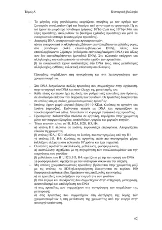 Τόμος Α                                                      Κυτταρική βιολογία


   -   Το μέγεθος ενός γονιδιώματος εκφράζεται συνήθως με τον αριθμό των
       ζευγαριών νουκλεοτίων (bp) και διαφέρει από οργανισμό σε οργανισμό. Πχ οι
       ιοί έχουν το μικρότερο γονιδίωμα (μήκους: 103bp=2μm έως 1011bp=34m και
       λίγες πρωτεΐνες), ακολουθούν τα βακτήρια (χιλιάδες πρωτεΐνες) και μετά τα
       ευκαρυωτικά κυτταρα (εκατομμύρια πρωτεΐνες).
   -   Διαφορές DNA ευκαρυωτικών και προκαρυωτικών:
       α)στα ευκαρυωτικά οι αλληλουχίες βάσεων επαναλαμβάνονται χιλιάδες φορες
       στο     γονιδίωμα    (πολύ    επαναλαμβανόμενο      DNA),    άλλες    που
       επαναλαμβάνονται λιγότερο (ενδιάμεσα επαναλαμβανόμενο DNA) και άλλες
       που δεν επαναλαμβάνονται (μοναδικό DNA). Στο τελευταίο υπάρχουν και
       αλληλουχίες που κωδικοποιούν το σύνολο σχεδόν των πρωτεϊνών.
       β) τα ευκαρυωτικά έχουν αναδιατάξεις στο DNA τους, όπως μεταθέσιμες
       αλληλουχίες, ενθέσεις, εκλεκτική επέκταση και ελλειψεις.

       Πρωτεΐνες συμβάλλουν στη συγκρότηση και στη λειτουργικότητα των
       χρωματοσωμάτων.

   -   Στο DNA δεσμεύονται πολλές πρωτεΐνες που συμμετέχουν στην οργάνωση,
       στην αντιγραφή του DNA και στον έλεγχο της μεταγραφής του.
   -   Κάθε τύπος κυτταρου έχει τις δικές του ρυθμιστικές πρωτεΐνες που δρώντας
       σε συνδιασμό επάγουν την έκφραση των γονιδίων. Οι πρωτεΐνες διακρίνονται
       σε ιστόνες και μη ιστόνες χρωματοσωματικές πρωτεΐνες.
   -   Ιστόνες: έχουν μικρό μοριακό βάρος (10-10 KDa), πλούσιες σε αργινίνη και
       λυσίνη (αμινοξέα). Ενώνονται ισχυρά με DNA και σχηματίζουν τα
       νουκλεοπρωτεϊνικά ινίδια. Αποτελούν το κυριαρχο συστατικό της πρωτεΐνης.
   -   Πρωταμίνες: πολυπεπτίδια πλούσια σε αργινίνη, περιέχεται στην χρωματίνη
       μόνο των σπερματοζωαρίων, ασπόνδυλων, ψαριών και μερικών πτηνών.
   -   Τύποι ιστονών: είναι οι Η1, Η2Α, Η2Β, Η3, Η4.
       α) ιστόνη Η1: πλούσια σε λυσίνη, παρουσιάζει ετερογένεια. Αποχωρίζεται
       εύκολα τη χρωματίνη.
       β) ιστόνες Η2Α, Η2Β: πλούσιες σε λυσίνη, πιο συντηρημένες από την Η1
       γ) ιστόνες Η3, Η4: πλούσιες σε αργινίνη, πολύ πιο συντηρημένα μόρια
       (αλλάξανε ελάχιστα στα τελευταία 109 χρόνια και έχει σημασία).
   -   Οι ιστόνες υφίστανται ακετυλίωση, μεθυλίωση, φωσφορυλίωση.
       α) ακετυλίωση: σχετίζεται με τη συγκρότηση των νουκλεοσωμάτων και την
       ενεργότητα των γονιδίων
       β) μεθυλίωση των Η1, Η2Β, Η3, Η4: σχετίζεται με την αντιγραφή του DNA
       γ) φωσφορυλίωση: σχετίζεται με τον κυτταρικό κύκλο και την αύξηση.
   -   Μη ιστόνες χρωματοσωματικές πρωτεΐνες: βρίσκονται στην χρωματίνη μαζί
       με τις ιστόνες, σε SDS-ηλεκτροφόρηση διακρίνονται σε περίπου 100
       διαφορετικά πολυπεπτίδια. Εμπίπτουν στις ακόλουθες κατηγορίες:
       α) σε πρωτεΐνες που ρυθμίζουν την ενεργότητα των γονιδίων
       β) στα ένζυμα και παράγοντες που συμμετέχουν στην αντιγραφή, μεταγραφή,
       ανασυνδιασμό και επιδιόρθωση του DNA
       γ) στις πρωτεΐνες που συμμετέχουν στη συγκρότηση των συμπλόκων της
       μεταγραφής
       δ) στις πρωτεΐνες που συμμετέχουν στη διατήρηση της δομής των
       χρωματοσωμάτων ή στη μετάπτωση της χρωματίνης από την ενεργό στην
       ανενεργό κατάσταση.



                                                                             62
 