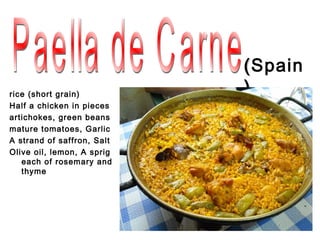 ( Spain
rice (short grain)
                            )
Half a chicken in pieces
artichokes, green beans
mature tomatoes, Garlic
A strand of saffron, Salt
Olive oil, lemon, A sprig
   each of rosemary and
   thyme
 