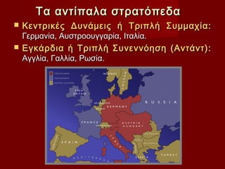 Τα αντίπαλα στρατόπεδα
   Κεντρικές Δυνάμεις ή Τριπλή Συμμαχία:
    Γερμανία, Αυστροουγγαρία, Ιταλία.
   Εγκάρδια ή Τριπλή Συνεννόηση (Αντάντ):
    Αγγλία, Γαλλία, Ρωσία.
 