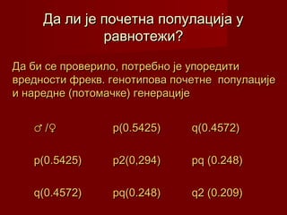 Да ли је почетна популација у
              равнотежи?

Да би се проверило, потребно је упоредити
вредности фрекв. генотипова почетне популације
и наредне (потомачке) генерације


   ♂ /♀          p(0.5425)     q(0.4572)

   p(0.5425)     p2(0,294)     pq (0.248)

   q(0.4572)     pq(0.248)     q2 (0.209)
 