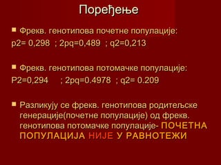 Поређење
 Фрекв. генотипова почетне популације:
p2= 0,298 ; 2pq=0,489 ; q2=0,213

 Фрекв. генотипова потомачке популације:
P2=0,294 ; 2pq=0.4978 ; q2= 0.209

   Разликују се фрекв. генотипова родитељске
    генерације(почетне популације) од фрекв.
    генотипова потомачке популације- ПОЧЕТНА
    ПОПУЛАЦИЈА НИЈЕ У РАВНОТЕЖИ
 