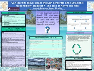 printed by
www.postersession.com
Peace through Tourism
 Peace through tourism gaining ground
 Tourism can contribute to knowledge of foreign places, empathy and
interaction with other people and tolerance (Salazar, 2006).
 Lack of evidence of benefits such as impacts on the poor and precise
circumstances under which tourism can promote peace
 Tourism may serve as a vehicle for terrorism, colonialism, invasion of
culture and consumption of local resources
Two streams of thought
 Tourism is a way forward for economic growth, poverty reduction and
conveyor of peace.
 Economic growth and poverty reduction lead to tourism development in
a one way direction only (Dupont, 2004)
Dupont, L. (2010) Co integration et causalite entre developpement touristique, croissance economique et reduction
de la pauvrete: Cas de Haiti. [electronic version]. Retrieved August 28, 2013, from :
http://etudescaribeeennes.revues.org/3780
Holden, A. (2013). Tourismpoverty and development.. Abingdon: Routledge
Lovelock and Lovelock (2013)
Salazar, N.B. (2006). Building a ‘Culture of Peace’ through Tourism: Reflexive and analytical notes and queries.
Universitas Humanistica, 62, pp. 319 – 333.
Séraphin , H. and Butler, C. (2013). Impacts of the slave trade on the service industry in Kenya and Haiti: The case
of the Tourism and Hospitality sector, Journal of Hospitality and Tourism, 11, (1), 71-89
Visser, W. (2011).Visser, W. (2011). The Age of Responsibility: CSR 2.0 and the new DNA of Business. Chichester: John Wiley &
Sons Ltd.
Williamson, C.R. (2012). Dignity and Development. Journal of Socio-Economics, 41, (6), pp. 763 – 771.
 If a Host:Visitor exchange takes place on an equitable platform where the
host’s local knowledge of culture, environment and skills are engaged, the
stereotype rooted in the legacy of the slave trade can be broken down.
 An endogenous feedback mechanism takes place, positively impacting
informal and formal institutions.
 Sustainable tourism, C&SR, entrepreneurship and trust are all vital
ingredients to fostering a positive position of peace.
Accelerates
Peace Tourism
Accelerates
PeacePeace
Negative position: Absence of war, violence
Positive position: Influences of transparency, material and physical well
being, culture, education and stewardship of the environment promoting
peace on a local, regional, national and global level
Tourism
Tourism begins with the construction of a world outlook that renders the
world ‘tourable’ (Salazar, 2006).
Provides a space where local, national and transnational organisations,
communities and individuals exert various degrees of agency and control over
discursive imaginaries.
Tourism in developing countries (Haiti and Kenya)
Many third world countries have chosen the tourism industry as a central
development strategy.
Tourists from wealthy countries would lead to economic advancement in
the poor host countries.
Binding growth of a third world country to affluence of Europe and N.
America when it is the forces behind that affluence that maintains
underdevelopment status quo of Haiti and Kenya too simplistic.
Roots of poverty a complex interaction of historical, contemporary political
and economic processes which have progressively linked countries into a
situation of unequal dependencies and market systems leading to a sizeable
minority being excluded and falling into deepening poverty (Holden, 2013).
Tourism and peace
The way people interact and integrate can lead to institutional change
(Williamson 2012).
Institutions are endogenous with feedback mechanisms and informal
institutions can affect development by impacting both entrepreneurial dignity
and formal institutions (Williamson, 2012).
Both Haiti and Kenya have a strong legacy left by the slave trade in terms
of mistrust (Séraphin and Butler, 2013)
Can C&SR initiatives engaging citizen diplomacy and increasing
transparency deliver peace in Haiti and Kenya?
Is there a one-way, two-way or no relationship between tourism through
C&SR, citizen diplomacy initiatives and peace?
C&SR in Tourism
Responsible tourism contributes to shape C&SR. It commits a tourism
company to operating in an ethical way that takes society and the
environment into account (Lovelock & Lovelock, 2013).
INTRODUCTION
KEY CONCEPT ANALYSIS AND
RESEARCH QUESTIONS
RESULTS / FINDINGS
CONCLUSIONS
REFERENCES
PROFILES OF KENYA AND HAITI
Kenya Haiti
A strong legacy left by slavery of mistrust. √ √
Problematic Host:Visitor relationship Mzungu Blanc
Poor development indicators
Poverty (% of population) 45.9% 78%
Life expectancy at birth 57 62
Rural access to water 52% 51%
GNI per capita $840 $760
Unemployment 40% 40.6%
% of population 24 and under 63% 57%
C&SR to date ad hoc philanthropic or environmental √ Unknown
C&SR lacks citizen diplomacy and transparency initiatives √ Unknown
Tourism large contributor to GDP √ √
Tourism has been negatively affected by political instability and
insecurity
√ √
To what extent can tourism
through CSR bring peace
between locals and visitors
in Kenya and Haiti and
transcend the concept of
oppressive government?
To what extent can tourism
through CSR bring peace
between locals and visitors
in Kenya and Haiti and
transcend the concept of
oppressive government?
 