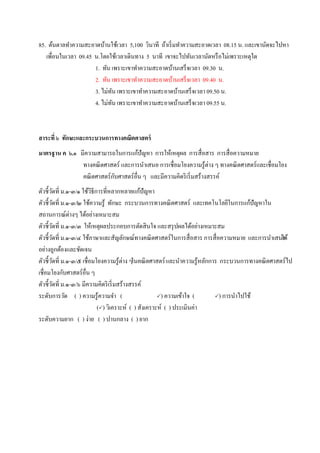 85. ต้นตาลทาความสะอาดบ้านใช้เวลา 5,100 วินาที ถ้าเริ่มทาความสะอาดเวลา 08.15 น. และเขานัดจะไปหา
เพื่อนในเวลา 09.45 น.โดยใช้เวลาเดินทาง 5 นาที เขาจะไปทันเวลานัดหรือไม่เพราะเหตุใด
1. ทัน เพราะเขาทาความสะอาดบ้านเสร็จเวลา 09.30 น.
2. ทัน เพราะเขาทาความสะอาดบ้านเสร็จเวลา 09.40 น.
3. ไม่ทัน เพราะเขาทาความสะอาดบ้านเสร็จเวลา 09.50 น.
4. ไม่ทัน เพราะเขาทาความสะอาดบ้านเสร็จเวลา 09.55 น.
สาระที่ ๖ ทักษะและกระบวนการทางคณิตศาสตร์
มาตรฐาน ค ๖.๑ มีความสามารถในการแก้ปัญหา การให้เหตุผล การสื่อสาร การสื่อความหมาย
ทางคณิตศาสตร์ และการนาเสนอ การเชื่อมโยงความรู้ต่าง ๆ ทางคณิตศาสตร์และเชื่อมโยง
คณิตศาสตร์กับศาสตร์อื่น ๆ และมีความคิดริเริ่มสร้างสรรค์
ตัวชี้วัดที่ ม.๑-๓/๑ ใช้วิธีการที่หลากหลายแก้ปัญหา
ตัวชี้วัดที่ ม.๑-๓/๒ ใช้ความรู้ ทักษะ กระบวนการทางคณิตศาสตร์ และเทคโนโลยีในการแก้ปัญหาใน
สถานการณ์ต่างๆ ได้อย่างเหมาะสม
ตัวชี้วัดที่ ม.๑-๓/๓ ให้เหตุผลประกอบการตัดสินใจ และสรุปผลได้อย่างเหมาะสม
ตัวชี้วัดที่ ม.๑-๓/๔ ใช้ภาษาและสัญลักษณ์ทางคณิตศาสตร์ในการสื่อสาร การสื่อความหมาย และการนาเสนอได้
อย่างถูกต้องและชัดเจน
ตัวชี้วัดที่ ม.๑-๓/๕ เชื่อมโยงความรู้ต่าง ๆในคณิตศาสตร์และนาความรู้หลักการ กระบวนการทางคณิตศาสตร์ไป
เชื่อมโยงกับศาสตร์อื่น ๆ
ตัวชี้วัดที่ ม.๑-๓/๖ มีความคิดริเริ่มสร้างสรรค์
ระดับการวัด ( ) ความรู้ความจา ( ) ความเข้าใจ ( ) การนาไปใช้
() วิเคราะห์ ( ) สังเคราะห์ ( ) ประเมินค่า
ระดับความยาก ( ) ง่าย ( ) ปานกลาง ( ) ยาก
 