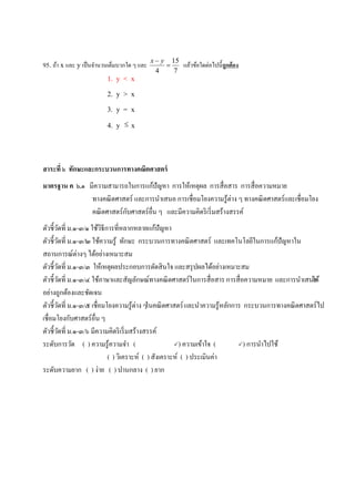 95. ถ้า x และ y เป็นจานวนเต็มบวกใด ๆ และ
7
15
4

 yx
แล้วข้อใดต่อไปนี้ถูกต้อง
1. y < x
2. y > x
3. y = x
4. y x
สาระที่ ๖ ทักษะและกระบวนการทางคณิตศาสตร์
มาตรฐาน ค ๖.๑ มีความสามารถในการแก้ปัญหา การให้เหตุผล การสื่อสาร การสื่อความหมาย
ทางคณิตศาสตร์ และการนาเสนอ การเชื่อมโยงความรู้ต่าง ๆ ทางคณิตศาสตร์และเชื่อมโยง
คณิตศาสตร์กับศาสตร์อื่น ๆ และมีความคิดริเริ่มสร้างสรรค์
ตัวชี้วัดที่ ม.๑-๓/๑ ใช้วิธีการที่หลากหลายแก้ปัญหา
ตัวชี้วัดที่ ม.๑-๓/๒ ใช้ความรู้ ทักษะ กระบวนการทางคณิตศาสตร์ และเทคโนโลยีในการแก้ปัญหาใน
สถานการณ์ต่างๆ ได้อย่างเหมาะสม
ตัวชี้วัดที่ ม.๑-๓/๓ ให้เหตุผลประกอบการตัดสินใจ และสรุปผลได้อย่างเหมาะสม
ตัวชี้วัดที่ ม.๑-๓/๔ ใช้ภาษาและสัญลักษณ์ทางคณิตศาสตร์ในการสื่อสาร การสื่อความหมาย และการนาเสนอได้
อย่างถูกต้องและชัดเจน
ตัวชี้วัดที่ ม.๑-๓/๕ เชื่อมโยงความรู้ต่าง ๆในคณิตศาสตร์และนาความรู้หลักการ กระบวนการทางคณิตศาสตร์ไป
เชื่อมโยงกับศาสตร์อื่น ๆ
ตัวชี้วัดที่ ม.๑-๓/๖ มีความคิดริเริ่มสร้างสรรค์
ระดับการวัด ( ) ความรู้ความจา ( ) ความเข้าใจ ( ) การนาไปใช้
( ) วิเคราะห์ ( ) สังเคราะห์ ( ) ประเมินค่า
ระดับความยาก ( ) ง่าย ( ) ปานกลาง ( ) ยาก
 