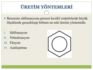 ÜRETĠM YÖNTEMLERĠ
 Benzenin sülfonasyonu prosesi kesikli reaktörlerde büyük
ölçeklerde gerçekleşip bilinen en eski üretim yöntemidir.
I. Sülfonasyon
II. Nötralizasyon
III. Füzyon
IV. Asitleştirme
 