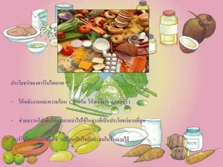 ประโยชน์ของคาร์โบไฮเดรต
- ให้พลังงานและความร้อน ( 1 กรัม ให้พลังงาน 4 แคลอรี่ )
- ช่วยสงวนโปรตีนให้ร่างกายนาไปใช้ในทางที่เป็นประโยชน์มากที่สุด
- คาร์โบไฮเดรตที่เหลือใช้ เปลี่ยนเป็นไขมันสะสมในร่างกายได้
 