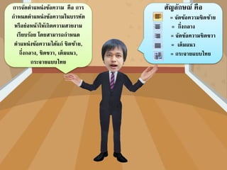 คาศัพท์ ความหมาย สัญลักษณ์
Align Text Left
จัดแนวข้อความ
ชิดซ้าย
Center กึ่งกลาง
Align Text Right
จัดแนวข้อความ
ชิดขวา
 