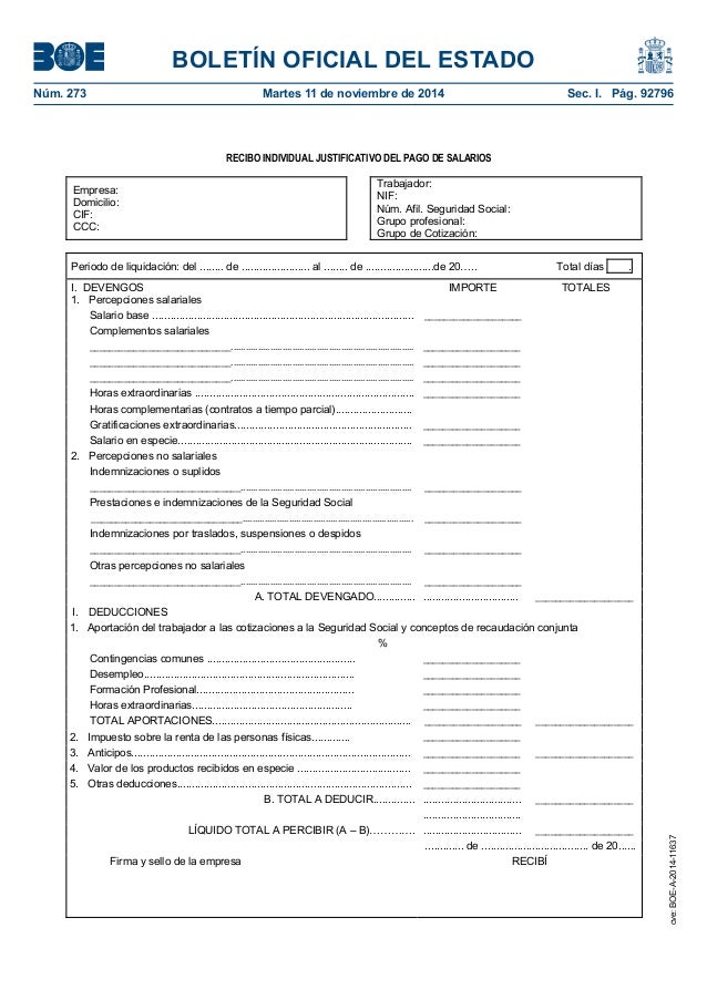 NUEVO MODELO DE RECIBO DE SALARIOS Y NÓMINA DE TRABAJADORES