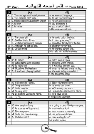 3rd Prep 1st Term 2014 
5 (A) (B) 
c 1. The manager can't meet you now. a- as a second language. 
f 2. This old man can't walk. b- if I use your dictionary ? 
a 3. Most people in Egypt learn English c- He's in a conference. 
b 4. Is it OK d- you didn't take it. 
d 5. I'd rather e- you shouldn't take it. 
16 
f- He uses a wheelchair. 
6 (A) (B) 
c 1. The brave girl a- he could catch the bus. 
d 2. Gorillas live in Africa b- if I read your story? 
f 3. My father is learning French c- saved her family from the fire. 
a 4. Although he got up late, d- and they're very big. 
b 5. Do you mind e- he went to school late. 
f- to help him in his business. 
7 (A) (B) 
b  I'd rather a- didn't take my pen. 
f  While Noha was sleeping, b- drink tea when I'm hot. 
a  I'd rather Ali c- It was nice to meet you. 
c  Goodbye, Mr Hesham. d- when he fell and broke his leg. 
d  Emad was playing football e- she was eating a sandwich. 
f- the telephone rang. 
8 (A) (B) 
d  In addition to Tuekey, a- about your broken arm. 
f  Congratulations b- be a very bad driver. 
b  Nadia used to c- we'd already had lunch. 
a  I'm very sorry d- Hesham has also been to China. 
c  By the time Dad came home, e- we'd have lunch. 
f- on passing your test. 
9 (A) (B) 
e  How long has Samy a- is going to carry 1000 passengers. 
f  As soon as we'd gone out, b- to drive since April. 
a  The new plane c- used to come home early. 
b  Nadia has been learning d- use to have white hair. 
d  My father didn't e- been waiting for us? 
f- it started to rain. 
 