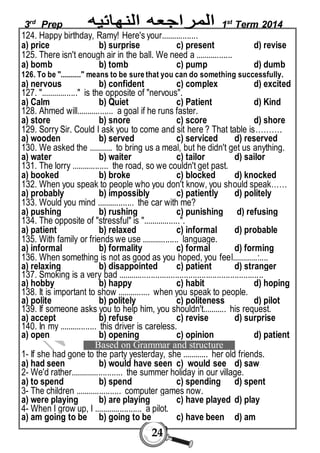 3rd Prep 1st Term 2014 
124. Happy birthday, Ramy! Here's your................. 
a) price b) surprise c) present d) revise 
125. There isn't enough air in the ball. We need a ................. 
a) bomb b) tomb c) pump d) dumb 
126. To be ".........." means to be sure that you can do something successfully. 
a) nervous b) confident c) complex d) excited 
127. "................." is the opposite of "nervous". 
a) Calm b) Quiet c) Patient d) Kind 
128. Ahmed will................. a goal if he runs faster. 
a) store b) snore c) score d) shore 
129. Sorry Sir. Could I ask you to come and sit here ? That table is………. 
a) wooden b) served c) serviced d) reserved 
130. We asked the ........... to bring us a meal, but he didn't get us anything. 
a) water b) waiter c) tailor d) sailor 
131. The lorry ................. the road, so we couldn't get past. 
a) booked b) broke c) blocked d) knocked 
132. When you speak to people who you don't know, you should speak…… 
a) probably b) impossibly c) patiently d) politely 
133. Would you mind ................. the car with me? 
a) pushing b) rushing c) punishing d) refusing 
134. The opposite of "stressful" is ".................". 
a) patient b) relaxed c) informal d) probable 
135. With family or friends we use ................. language. 
a) informal b) formality c) formal d) forming 
136. When something is not as good as you hoped, you feel............:.... 
a) relaxing b) disappointed c) patient d) stranger 
137. Smoking is a very bad .................................................................. 
a) hobby b) happy c) habit d) hoping 
138. It is important to show ............... when you speak to people. 
a) polite b) politely c) politeness d) pilot 
139. If someone asks you to help him, you shouldn't........... his request. 
a) accept b) refuse c) revise d) surprise 
140. In my ................. this driver is careless. 
a) open b) opening c) opinion d) patient 
Based on Grammar and structure 
1- If she had gone to the party yesterday, she ............ her old friends. 
a) had seen b) would have seen c) would see d) saw 
2- We'd rather........................ the summer holiday in our village. 
a) to spend b) spend c) spending d) spent 
3- The children ..................... computer games now. 
a) were playing b) are playing c) have played d) play 
4- When I grow up, I ...................... a pilot. 
a) am going to be b) going to be c) have been d) am 
24 
 