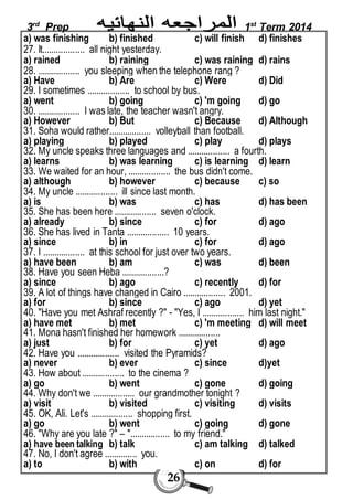 3rd Prep 1st Term 2014 
a) was finishing b) finished c) will finish d) finishes 
27. It.................. all night yesterday. 
a) rained b) raining c) was raining d) rains 
28. .................. you sleeping when the telephone rang ? 
a) Have b) Are c) Were d) Did 
29. I sometimes .................. to school by bus. 
a) went b) going c) 'm going d) go 
30. .................. I was late, the teacher wasn't angry. 
a) However b) But c) Because d) Although 
31. Soha would rather.................. volleyball than football. 
a) playing b) played c) play d) plays 
32. My uncle speaks three languages and .................. a fourth. 
a) learns b) was learning c) is learning d) learn 
33. We waited for an hour, .................. the bus didn't come. 
a) although b) however c) because c) so 
34. My uncle .................. ill since last month. 
a) is b) was c) has d) has been 
35. She has been here .................. seven o'clock. 
a) already b) since c) for d) ago 
36. She has lived in Tanta .................. 10 years. 
a) since b) in c) for d) ago 
37. I .................. at this school for just over two years. 
a) have been b) am c) was d) been 
38. Have you seen Heba ..................? 
a) since b) ago c) recently d) for 
39. A lot of things have changed in Cairo .................. 2001. 
a) for b) since c) ago d) yet 
40. "Have you met Ashraf recently ?" - "Yes, I .................. him last night." 
a) have met b) met c) 'm meeting d) will meet 
41. Mona hasn't finished her homework .................. 
a) just b) for c) yet d) ago 
42. Have you .................. visited the Pyramids? 
a) never b) ever c) since d)yet 
43. How about .................. to the cinema ? 
a) go b) went c) gone d) going 
44. Why don't we .................. our grandmother tonight ? 
a) visit b) visited c) visiting d) visits 
45. OK, Ali. Let's .................. shopping first. 
a) go b) went c) going d) gone 
46. "Why are you late ?" – "................. to my friend." 
a) have been talking b) talk c) am talking d) talked 
47. No, I don't agree .............. you. 
a) to b) with c) on d) for 
26 
 