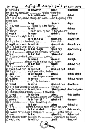 3rd Prep 1st Term 2014 
a) Although b) However c) But d) Despite 
69. I did my homework .................. helping my mother. 
a) although b) in addition to c) and d) but 
70. A lot of things have changed in Cairo........the beginning of the 
millennium. 
a) for b) ago c) since d) yet 
71. How fast .................. planes fly in the future? 
a) did b) will c) had d) have 
72. Ahmed .................. use to travel by train, but now he does. 
a) wasn't b) won't c) didn't d) doesn't 
73. Look at the sky! I think it .................. rain. 
a) 'II b) 's going to c) used to d) wants to 
74. If you had practised well, you ................. the match. 
a) might have won b) will win c) would win d) could win 
75. If he had enough money, he ................ a car. 
a) would have bought b) has bought c) will buy d) would buy 
76. If he ................. a better job, he would have a car. 
a) has b) had had c) have had d) had 
77. If you study hard, you ................. succeed. 
a) will b) would c) could d) might 
78. If I ................. a better job, I'd earned more money. 
a) have b) had had c) had d) have had 
79. If you aren't careful, you ................. yourself. 
a) would have hurt b) will hurt c) would hurt d) hurt 
80. If you ................. a taxi, you will not be late. 
a) took b) are taking c) take d) had taken 
81. You should ................. well for your exams. 
a) revising b) revise c) revised d) have revise 
82. If it .................. I won't go to the cinema. 
a) rained b) rains c) would rain d) will rain 
83. If he had worked harder, he .................. the exam. 
a) might have passed b) will pass c) had passed d) would pass 
84. The scientists are busy ............. a new drug. 
a) to test b) testing c) test d) to testing 
85 He hid .............. the tree while playing with his friends. 
a) before b) in front of c) behind d) under 
86. If Shaker................. time, he will help us. 
a) had b) have c) has d) having 
87. If he ................. harder, he would have passed the exam. 
a) works b) had worked c) worked d) is working 
88. I would have bought a computer if I ................. a lot of money. 
a) have b) had c) had had d) has had 
89. If she didn't listen carefully, she ................. understand the lesson. 
a) would not b) will not c) will d) would 
28 
 