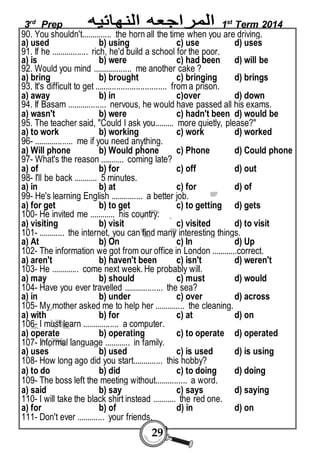 3rd Prep 1st Term 2014 
90. You shouldn't.............. the horn all the time when you are driving. 
a) used b) using c) use d) uses 
91. If he ................. rich, he'd build a school for the poor. 
a) is b) were c) had been d) will be 
92. Would you mind .................. me another cake ? 
a) bring b) brought c) bringing d) brings 
93. It's difficult to get ................................. from a prison. 
a) away b) in c)over d) down 
94. If Basam .................. nervous, he would have passed all his exams. 
a) wasn't b) were c) hadn't been d) would be 
95. The teacher said, "Could I ask you......... more quietly, please?" 
a) to work b) working c) work d) worked 
96- .................. me if you need anything. 
a) Will phone b) Would phone c) Phone d) Could phone 
97- What's the reason ........... coming late? 
a) of b) for c) off d) out 
98- I'll be back ........... 5 minutes. 
a) in b) at c) for d) of 
99- He's learning English ............... a better job. 
a) for get b) to get c) to getting d) gets 
100- He invited me ............ his country. 
a) visiting b) visit c) visited d) to visit 
101- ............ the internet, you can find many interesting things. 
a) At b) On c) In d) Up 
102- The information we got from our office in London ............correct. 
a) aren't b) haven't been c) isn't d) weren't 
103- He ............. come next week. He probably will. 
a) may b) should c) must d) would 
104- Have you ever travelled .................. the sea? 
a) in b) under c) over d) across 
105- My mother asked me to help her .............. the cleaning. 
a) with b) for c) at d) on 
106- I must learn ................. a computer. 
a) operate b) operating c) to operate d) operated 
107- Informal language ............ in family. 
a) uses b) used c) is used d) is using 
108- How long ago did you start.............. this hobby? 
a) to do b) did c) to doing d) doing 
109- The boss left the meeting without............... a word. 
a) said b) say c) says d) saying 
110- I will take the black shirt instead ........... the red one. 
a) for b) of d) in d) on 
111- Don't ever ............. your friends. 
29 
 