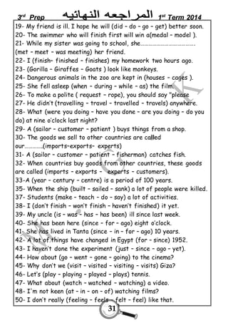 3rd Prep 1st Term 2014 
19- My friend is ill. I hope he will (did – do – go – get) better soon. 
20- The swimmer who will finish first will win a(medal – model ). 
21- While my sister was going to school, she…………………………………. 
(met – meet – was meeting) her friend. 
22- I (finish– finished – finishes) my homework two hours ago. 
23- (Gorilla – Giraffes – Goats ) look like monkeys. 
24- Dangerous animals in the zoo are kept in (houses – cages ). 
25- She fell asleep (when – during – while – as) the film. 
26- To make a polite ( request – rope), you should say "please 
27- He didn’t (travelling – travel – travelled – travels) anywhere. 
28- What (were you doing – have you done – are you doing – do you 
do) at nine o’clock last night? 
29- A (sailor – customer – patient ) buys things from a shop. 
30- The goods we sell to other countries are called 
our…………..(imports–exports– experts) 
31- A (sailor – customer – patient – fisherman) catches fish. 
32- When countries buy goods from other countries, these goods 
are called (imports – exports – experts – customers). 
33-A (year – century – centre) is a period of 100 years. 
35- When the ship (built – sailed – sank) a lot of people were killed. 
37- Students (make – teach – do – say) a lot of activities. 
38- I (don’t finish – won’t finish – haven’t finished) it yet. 
39- My uncle (is – was – has – has been) ill since last week. 
40- She has been here (since – for – ago) eight o’clock. 
41- She has lived in Tanta (since – in – for – ago) 10 years. 
42- A lot of things have changed in Egypt (for – since) 1952. 
43- I haven’t done the experiment (just – since – ago – yet). 
44- How about (go – went – gone – going) to the cinema? 
45- Why don’t we (visit – visited – visiting – visits) Giza? 
46- Let’s (play – playing – played – plays) tennis. 
47- What about (watch – watched – watching) a video. 
48- I'm not keen (at – in – on – of) watching films? 
50- I don’t really (feeling – feels – felt – feel) like that. 
31 
 
